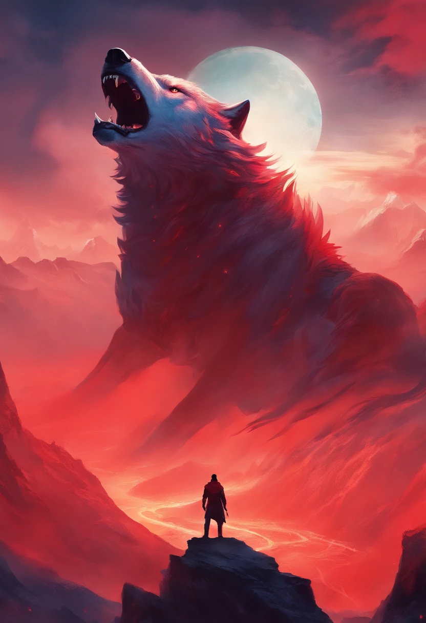 a man is on top of a mountain looking at a large monster wolf with red mists in his feathers