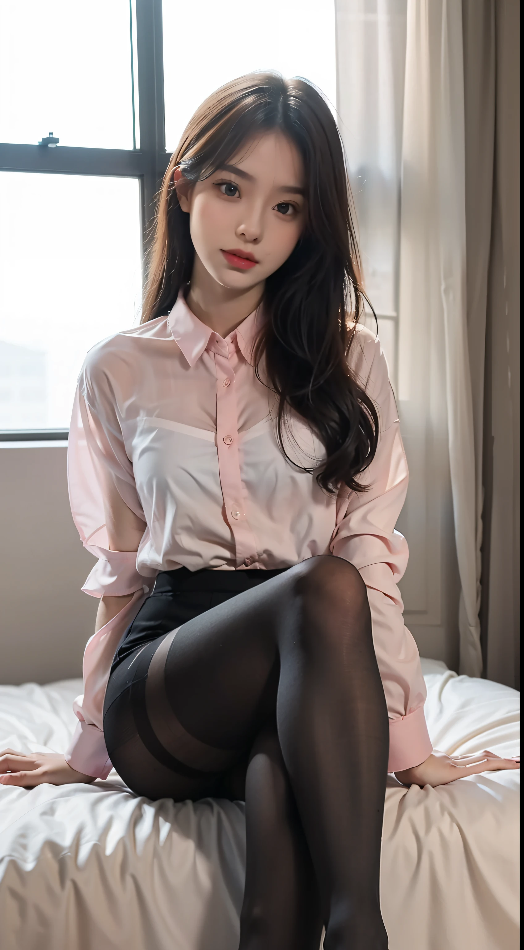 (1girll:1.3),(view the viewer:1.4),(anatomy correct:1.4),(sit on a bed:1.2),(Wear a pink sheer shirt:1.2),(Black transparent hose:1.3),( Girl barefoot :1.1),(Accurate and perfect face:1.3),(Long legs:1.3),hyper HD, Ray traching, reflective light, structurally correct, Award-Awarded, High detail, Fade-in and fade-out shadow contrast, Face lighting ,Cinematic lighting, Masterpiece, super detailing, High quality, High detail, Best quality, 16k,High contrast,
