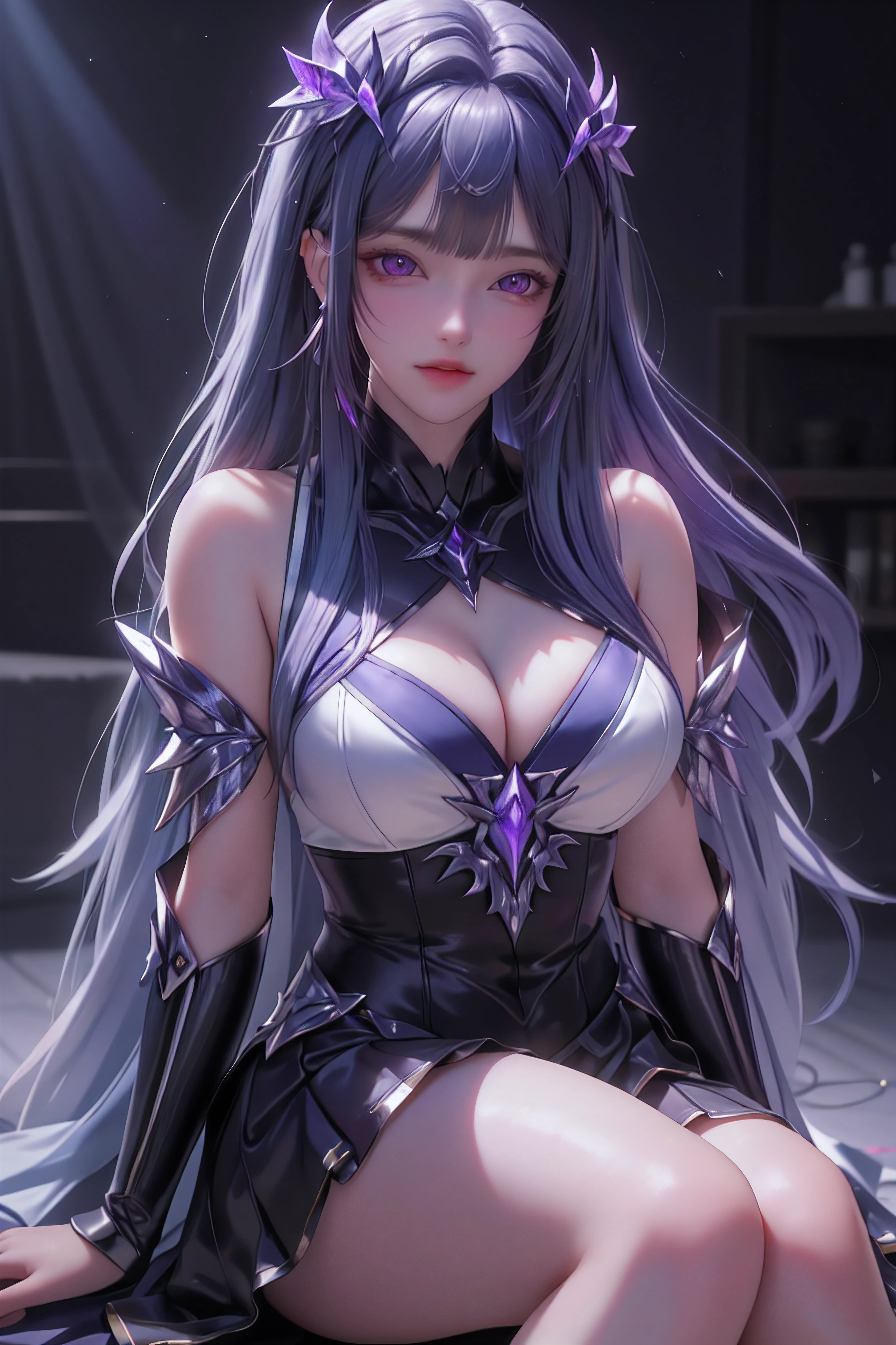 (8k, RAW photo, best quality, masterpiece:1.2),(realistic, photo-realistic:1.37),photo mapping,professional lighting,radiosity,KDA,Super beautiful big glowing eyes,Best Quality, 1girl,Solo,Long hair,Dress,hysically-based rendering,proscenium,performance,be seated,
