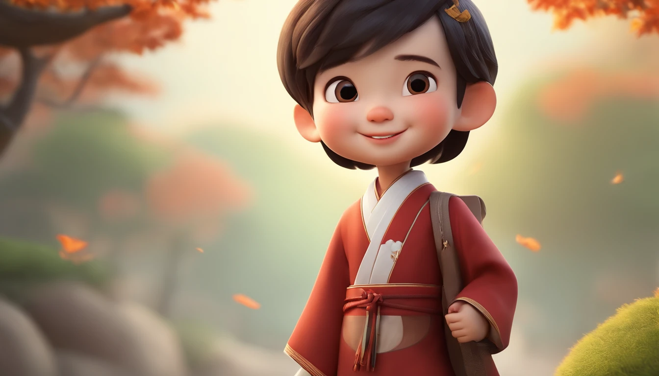 A happy and cute boy stood,short detailed hair, wearing a hanfu,Carrying a school bag , Wear Chinese shoes,Full body image display,white backgrounid, Gamine, Toon, pixar-style, 。.3D, cartoony, Detal Face, Asymmetric 16K