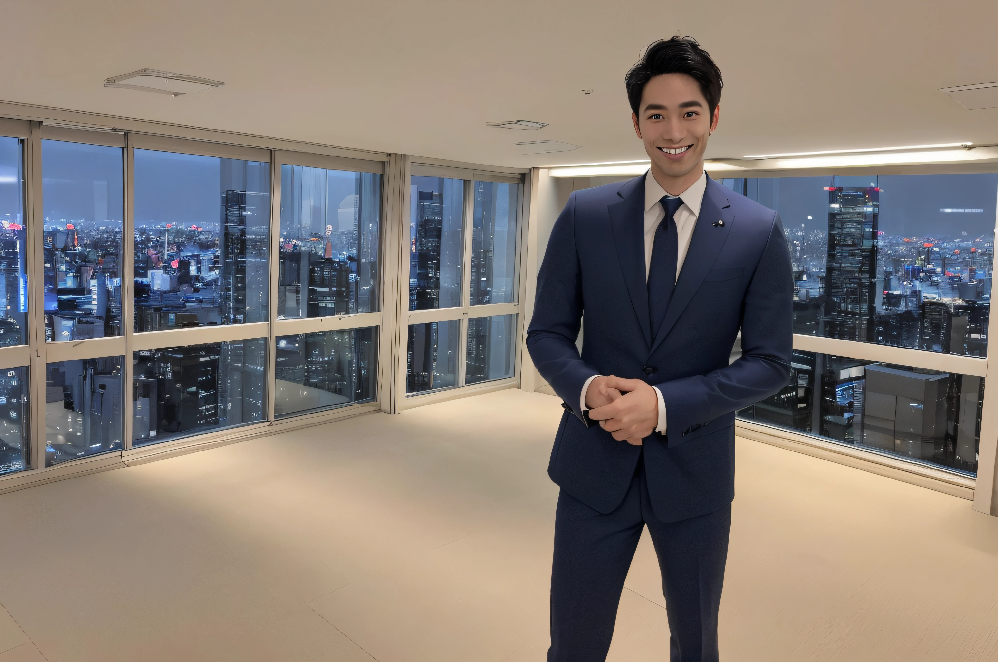 ((Office in a high-rise building with a night view of Tokyo))、japanes、Handsome men、30-years old、One happy young Japan businessman president、A very attractive businessman, Elegant attire and hall々Stand with arms crossed with a smile、top-quality、​masterpiece、Photo Real、超A high resolution、Big smile、Latest fashionable suits 、Medium Hair、Super cool、twinks、Nice perfect face with soft skin、8K、A hyper-realistic、