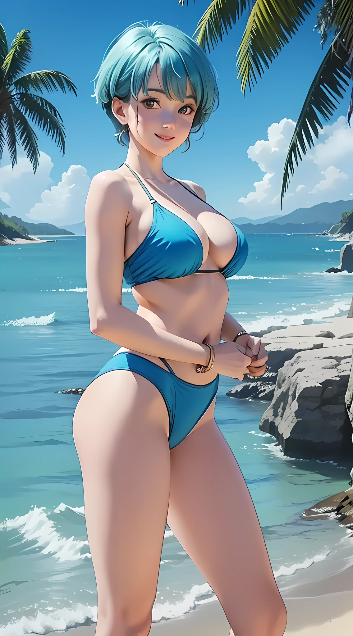 bulma from dragon ball anime, short hair, light blue hair, beautiful, beautiful woman, perfect body, perfect breasts, wearing a beach bikini, blue bikini, expensive bikini, on the beach, beautiful beach, very beautiful, coconut trees, looking at the viewer, little smile, realism, masterpiece, textured skin, super detailed, high detail, high quality, best quality, 1080p, 16k