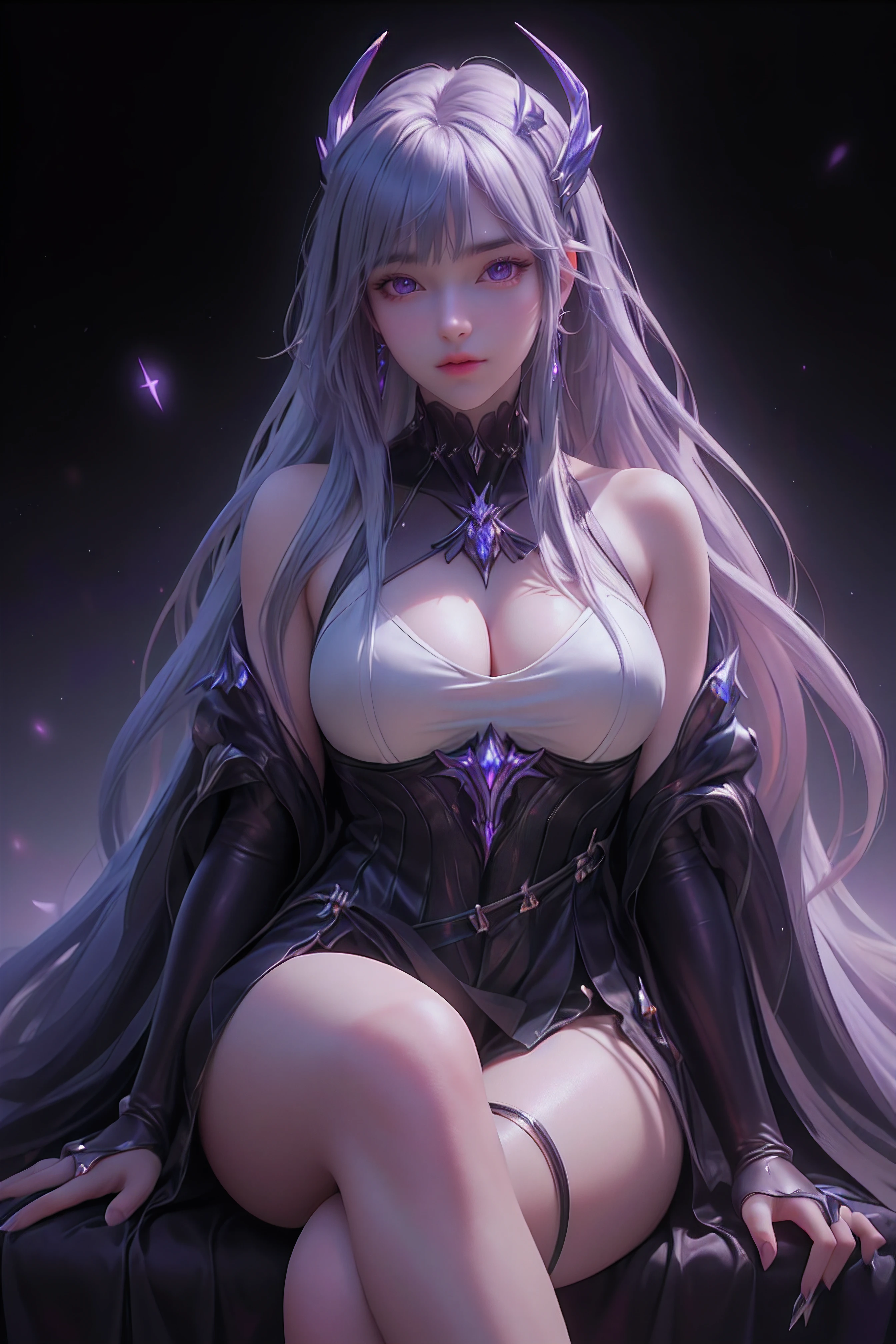 (8k, RAW photo, best quality, masterpiece:1.2),(realistic, photo-realistic:1.37),photo mapping,professional lighting,radiosity,KDA,Super beautiful big glowing eyes,Best Quality, 1girl,Solo,Long hair,Dress,hysically-based rendering,proscenium,performance,be seated,