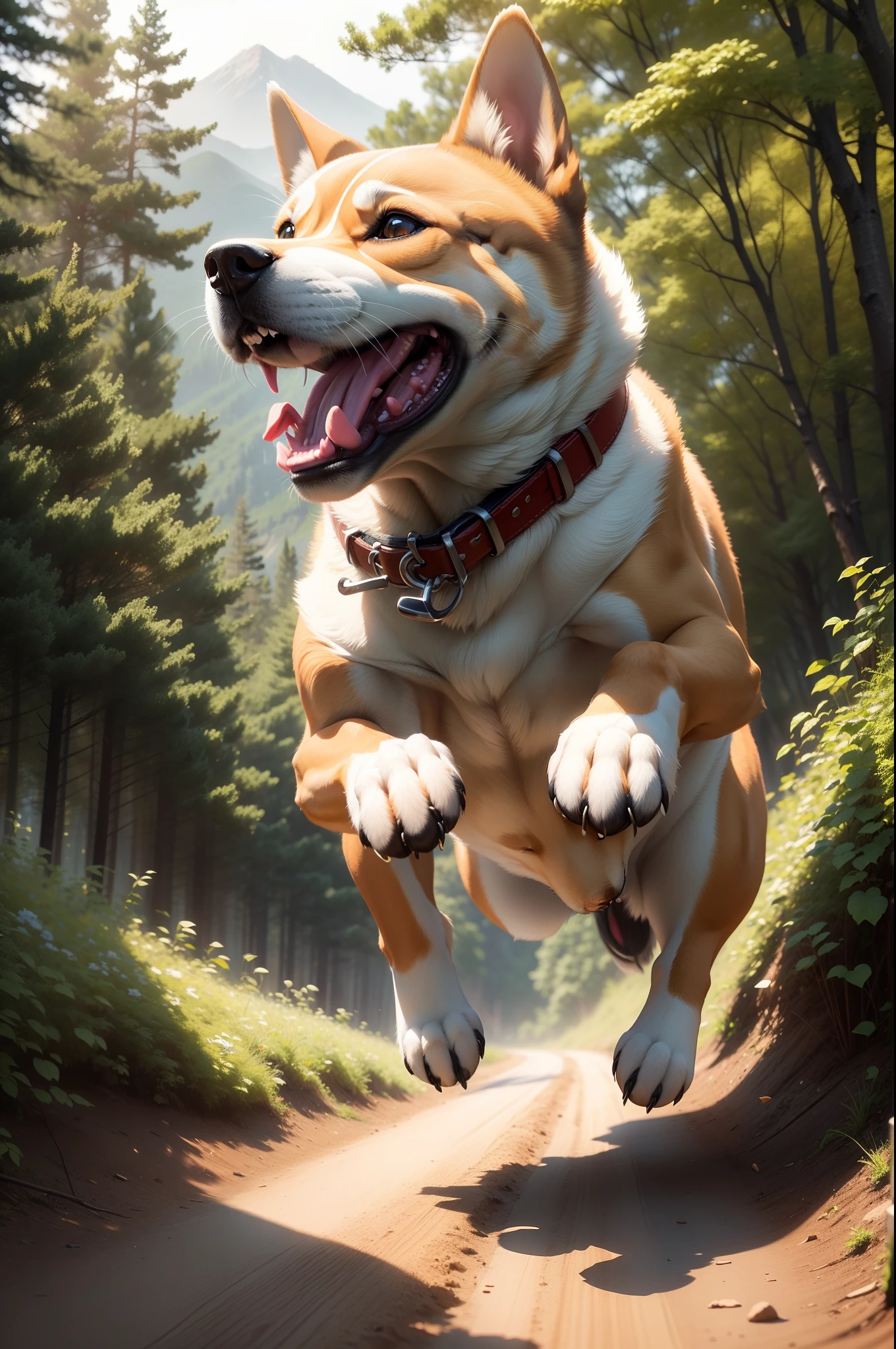 Close up portrait of dog running in forest with sun shining, happy dog, ( Dog ) jumps from mountain, ( Dog ) jumps over hill, Cute dog, high-quality wallpaper, jumping towards viewer, dog jumps over hill, leaping towards viewer, imagem hiperrealista, high-quality wallpaper, Very detailed photos of Happy, Jump for joy, Shiba dog realistic representation 8K, (Like the real thing) A hyper-realistic 超A high resolution super precision