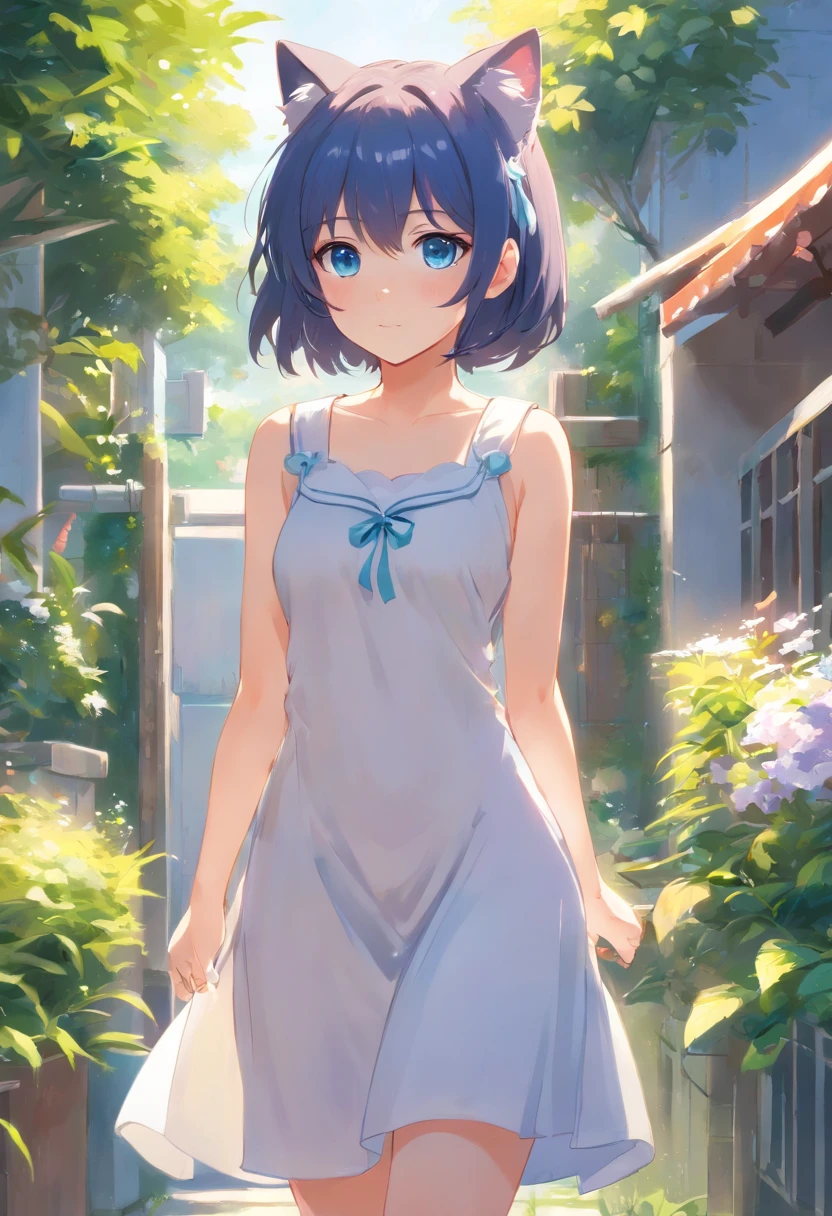 Cat-eared girl in white dress standing in garden, BREAK,silber hair,blue eyes,(((Sleeveless))),Hang the laundry to dry,Holding a laundry basket with clothes,loli in dress, small curvy loli, artwork in the style of guweiz, guweiz on pixiv artstation, guweiz on artstation pixiv, guweiz, small loli girl, soft anime illustration, Anime visuals of cute girls, Detailed Digital Anime Art