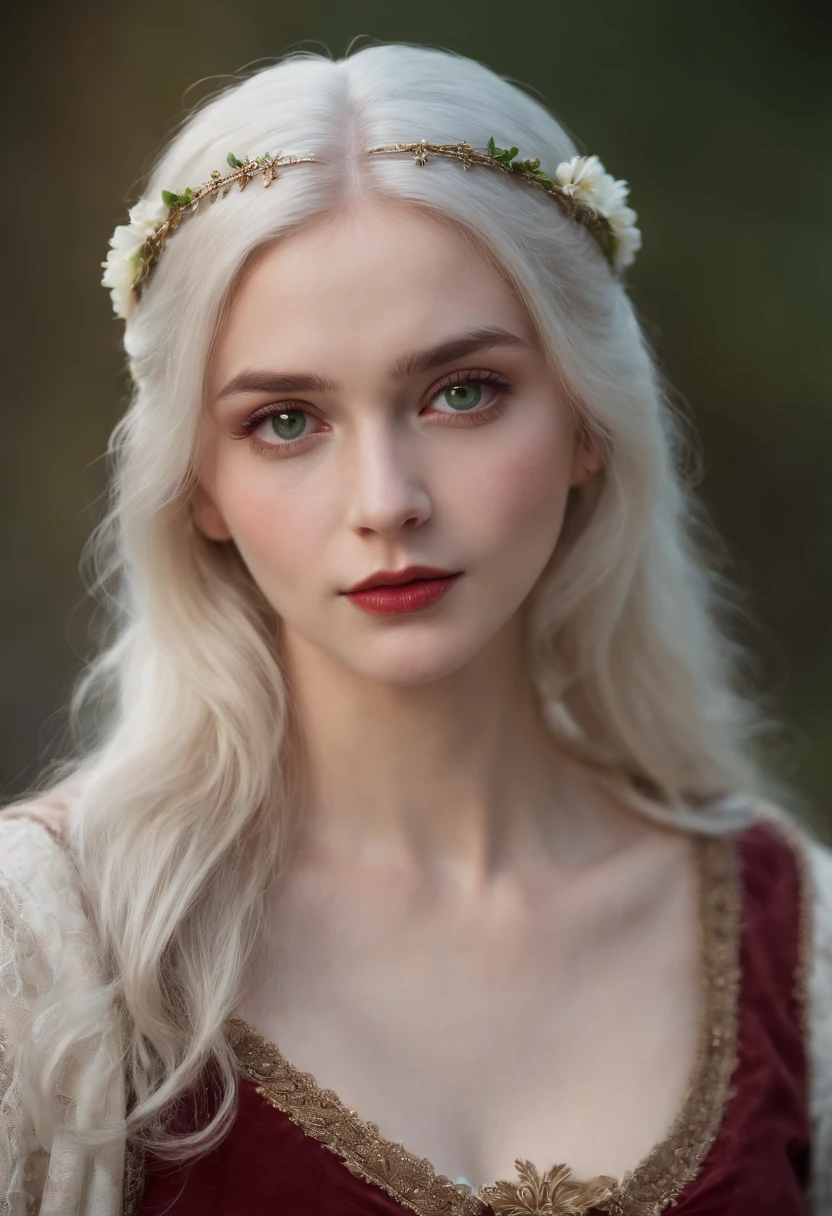 (((a deep reddish wound crosses her left cheek))) fair complexion, woman around 19 years old, natural white hair, distinctive green eyes, wearing kohl, slender and graceful, beautiful, candlelight in a medieval setting, ultra sharp focus, realistic shot, medieval female clothes, tetradic colors (scar:1.4)