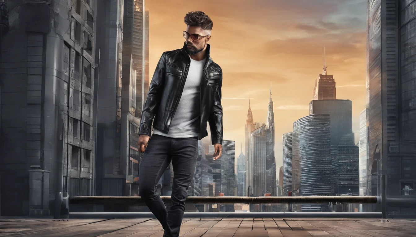 black leather jacket, urban cityscape background