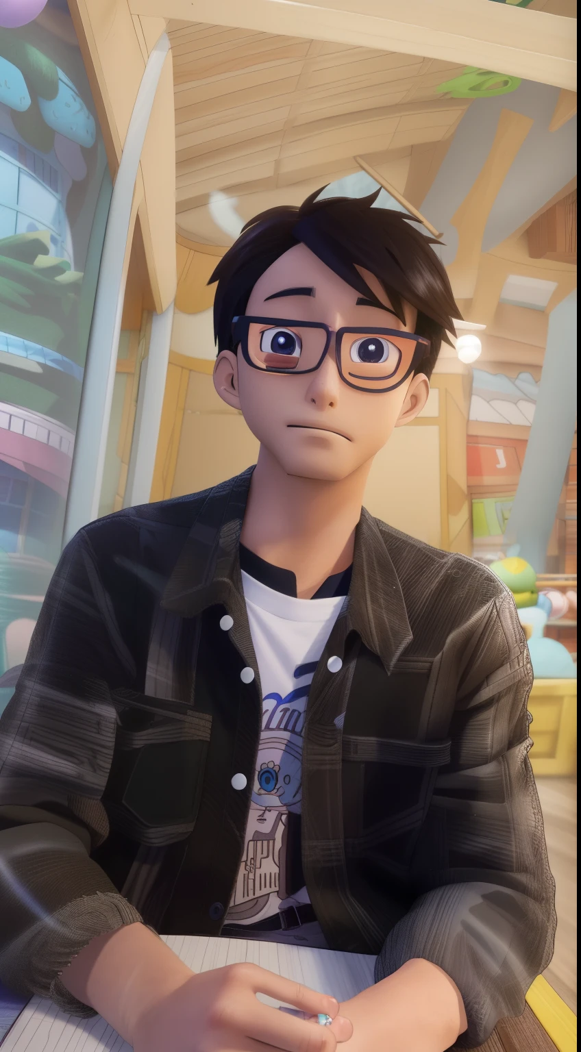 There was a boy sitting at the table,Realistic anime 3 D style, as a pixar character, realistic person, as an anime character, hyper realistic anime, hyperrealistic , ideal pixar character, Cartoon Pixar style, pixar portrait 8 k photo, 3 d anime realistic, cute pixar character, Kawaii realistic portrait, Loish e Goro Fujita