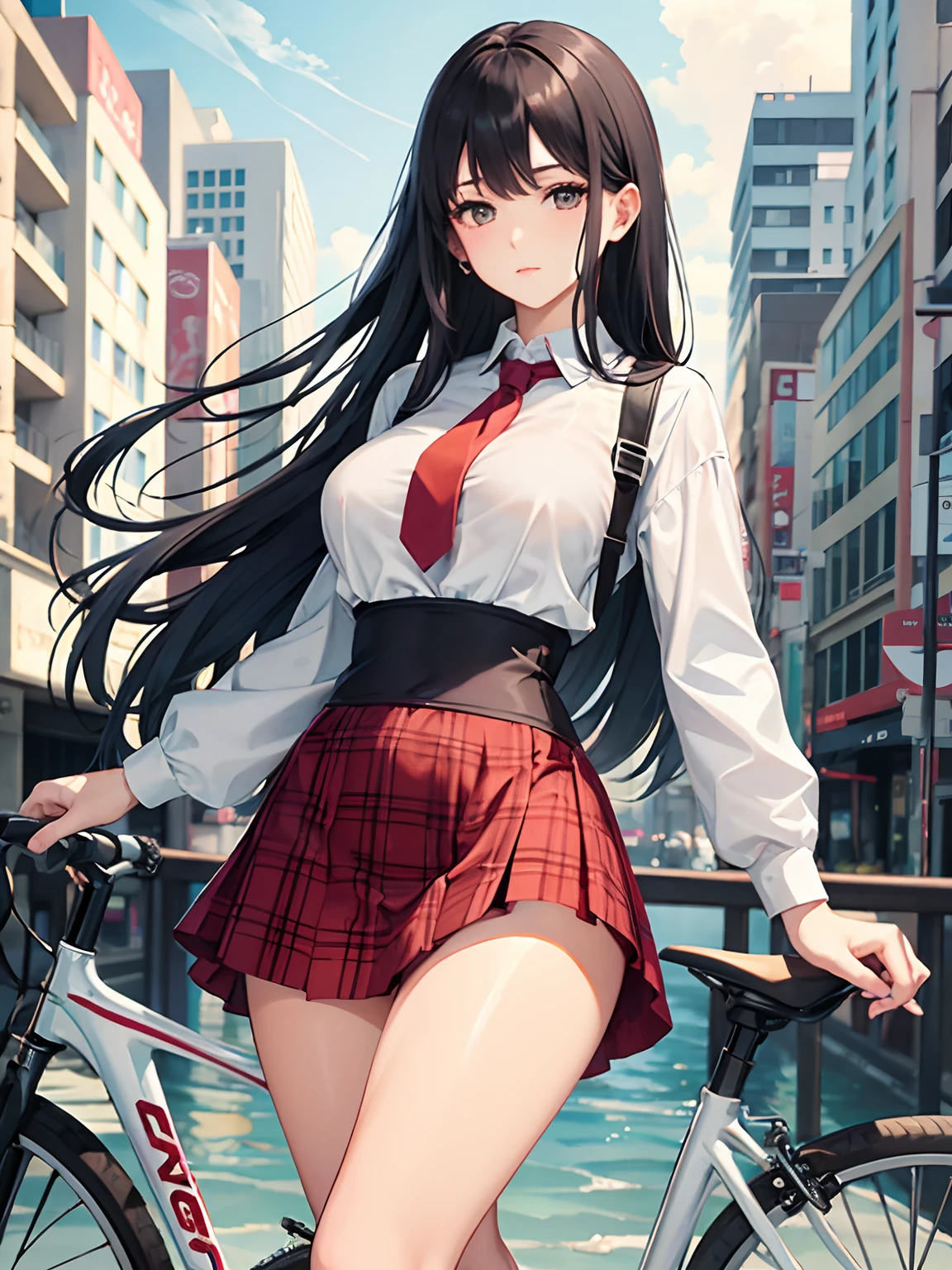 masterpiece、top-quality、hight resolution、High-quality images、8K、1womanl、detaileds、Detailed eye depiction、the detail、skin gloss、Lustrous black hair、Long hair、Lisa、portlate、large full breasts、large hips、waist constriction、student clothes、Plaid miniskirt、White underwear、Commuting by bicycle