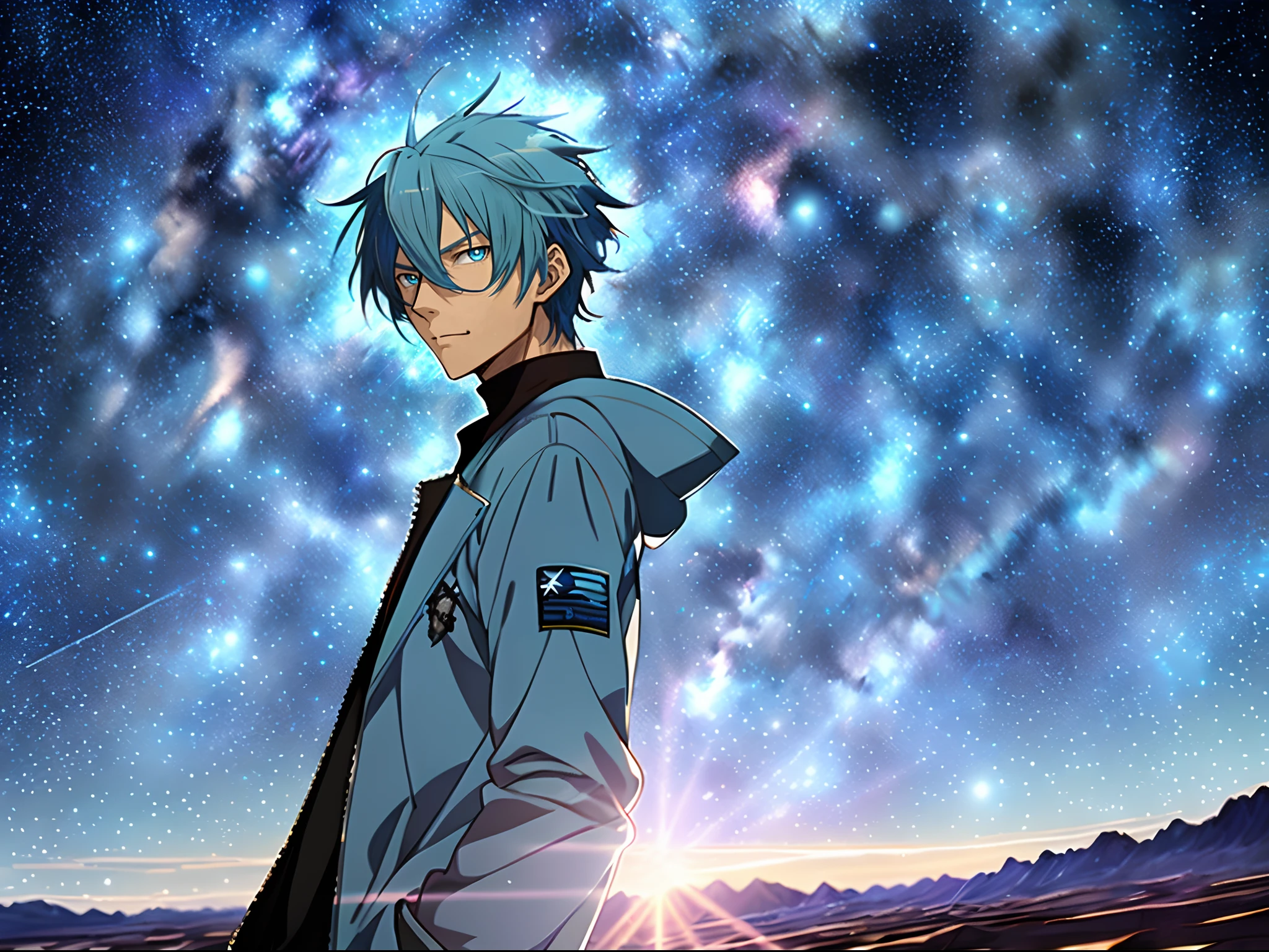 Anime - Style image of a man with blue hair and a blue jacket,Starry sky!Starlight,Starry sky,Desert at night,Key anime art,Tall anime guy with blue eyes,official anime still,Urano,key anime visuals,on a galaxy looking background,Starry sky,shigenori soejima illustration,2 d anime style。