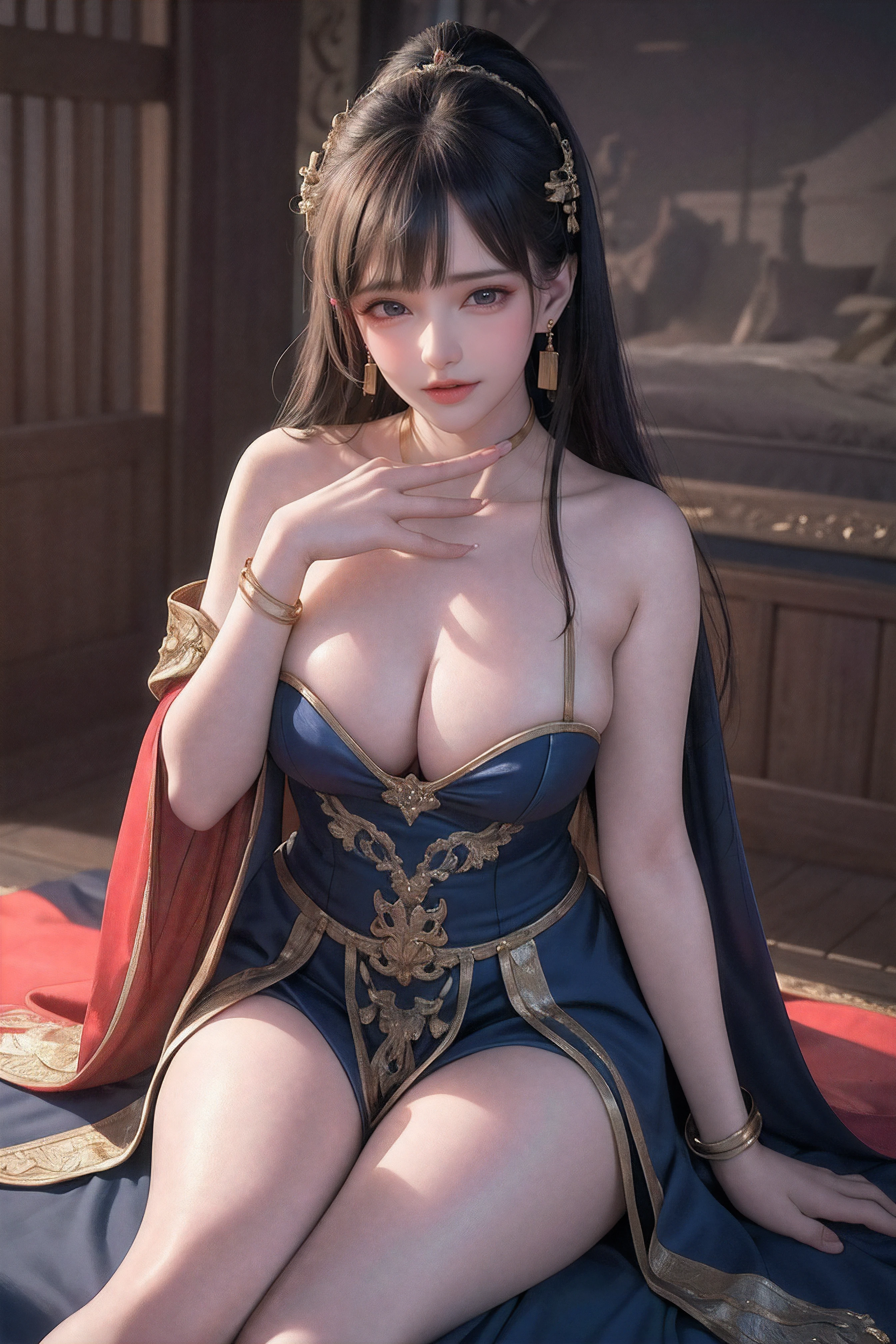 (8k, RAW photo, best quality, masterpiece:1.2),(realistic, photo-realistic:1.37),photo mapping,professional lighting,radiosity,1girl,solo,long_hair,(bracelet:1.1),(long legs:1.2),(earrings:1.1),physically-based rendering,proscenium,performance,be seated,Chinese dress,dark blue and gold dress,shinny dress,Correct hands,hands on legs,Close-up of the hand