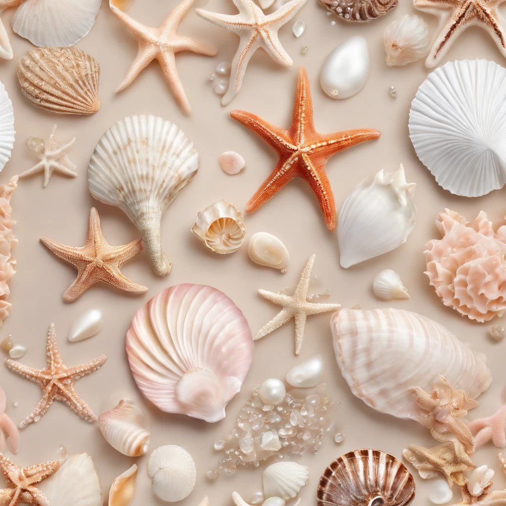 We have Whimsical seashells with best quality image of detailed starfish, sand dollars, seashells, conch shell, pink and white coral, pink pearls, sparkling diamonds, swirls with bright trailing sparkling diamonds of the sea, on a sandy beach, perfect composition, beautiful detailed, intricate design,  insanely detailed, The patterns seamlessly repeat, creating a mesmerizing visual rhythm that emanates a sense of warmth and tranquility.
