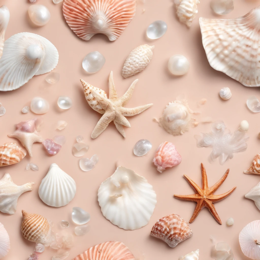 We have Whimsical seashells with best quality image of detailed starfish, sand dollars, seashells, conch shell, pink and white coral, pink pearls, sparkling diamonds, swirls with bright trailing sparkling diamonds of the sea, on a sandy beach, perfect composition, beautiful detailed, intricate design,  ly detailed, The patterns seamlessly repeat, creating a mesmerizing visual rhythm that emanates a sense of warmth and tranquility.