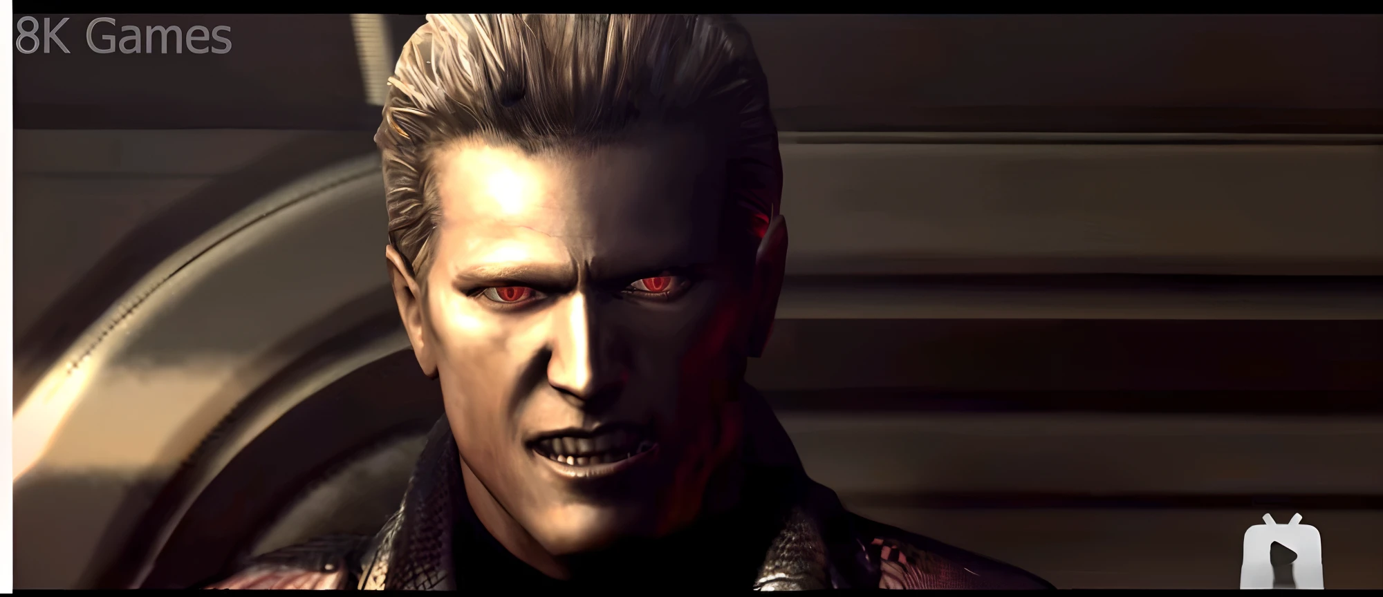 Close-up of a man with a demon face and red eyes, albert wesker, he's very menacing and evil, As a character in Tekken, son of sparda, albert wesker full body portrait,Albert Wesker and Chris Redfield, , nefarious smirk