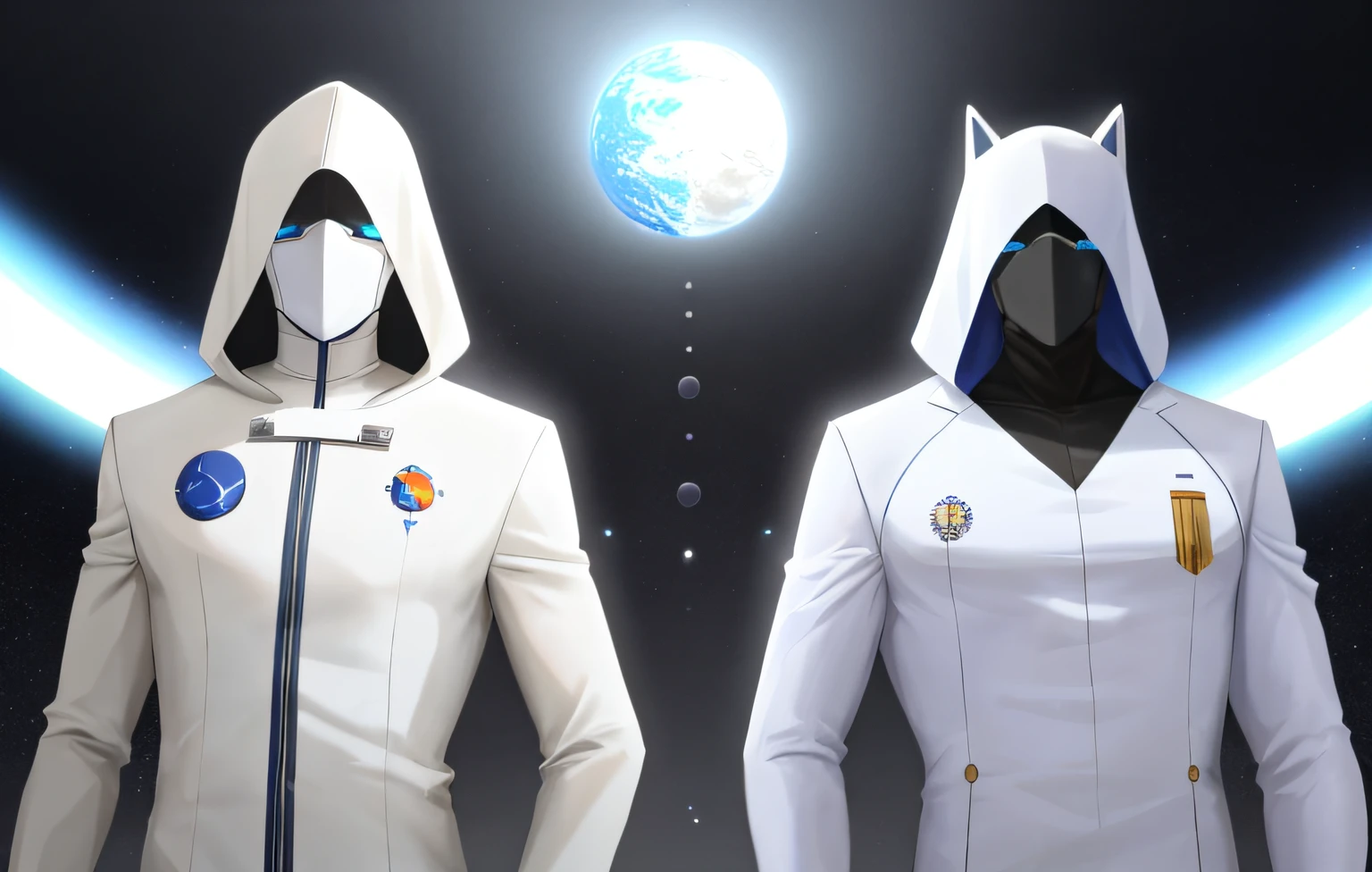tall and narrow physique, giving it a unique stance. It wears a white suit that covers its body and face, similar to a spacesuit without a helmet. On its chest, three blue dots are depicted, resembling Earth's moon. On its head, there are two black dots next to white ones, similar to a planet's rings. It stands on two legs, which are made up of three pieces. absurdres