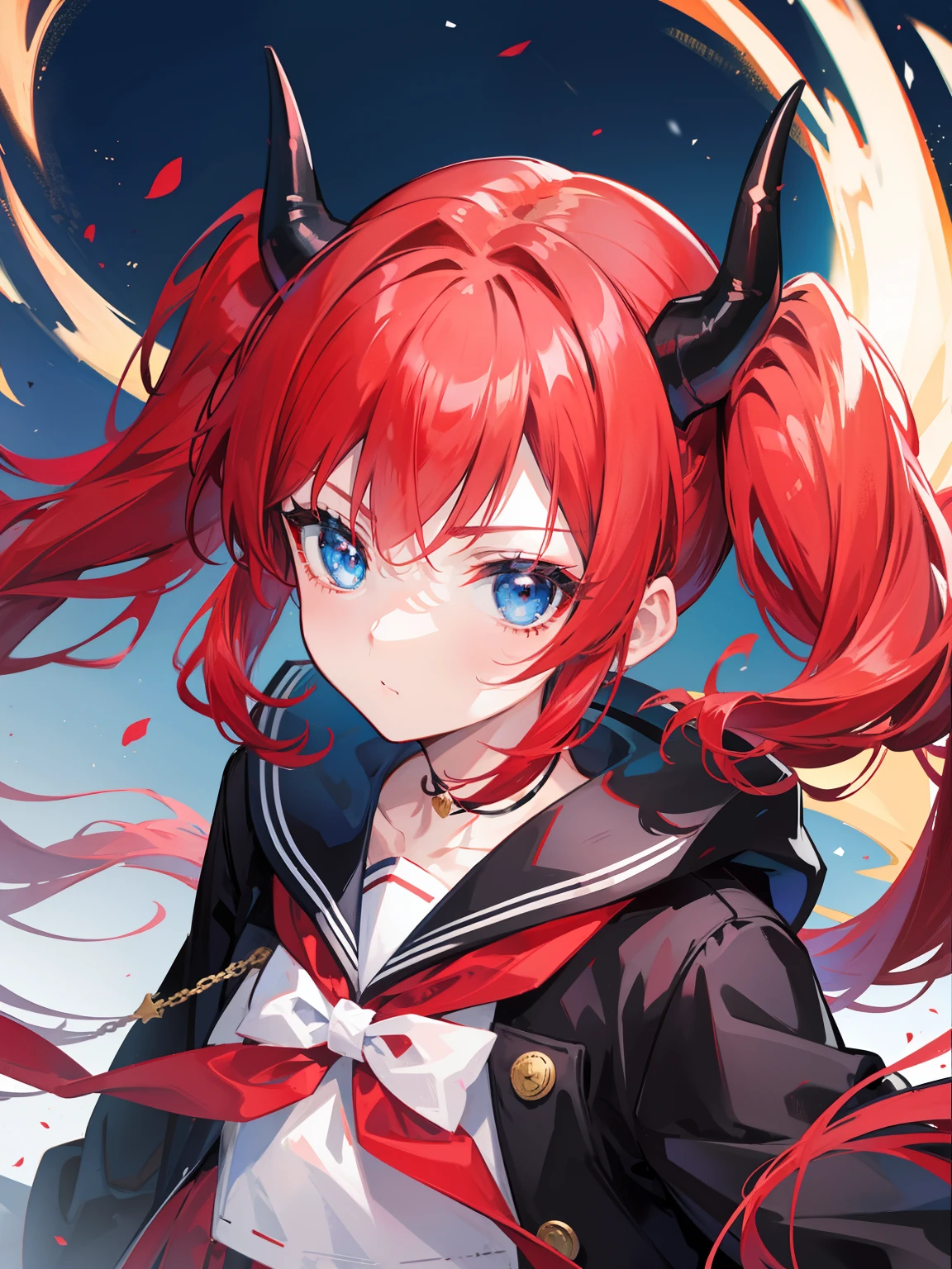 red hair, blue eyes, twintails, Sailor suit,black coat, Dragon horns,Pleated skirt,solo,bow