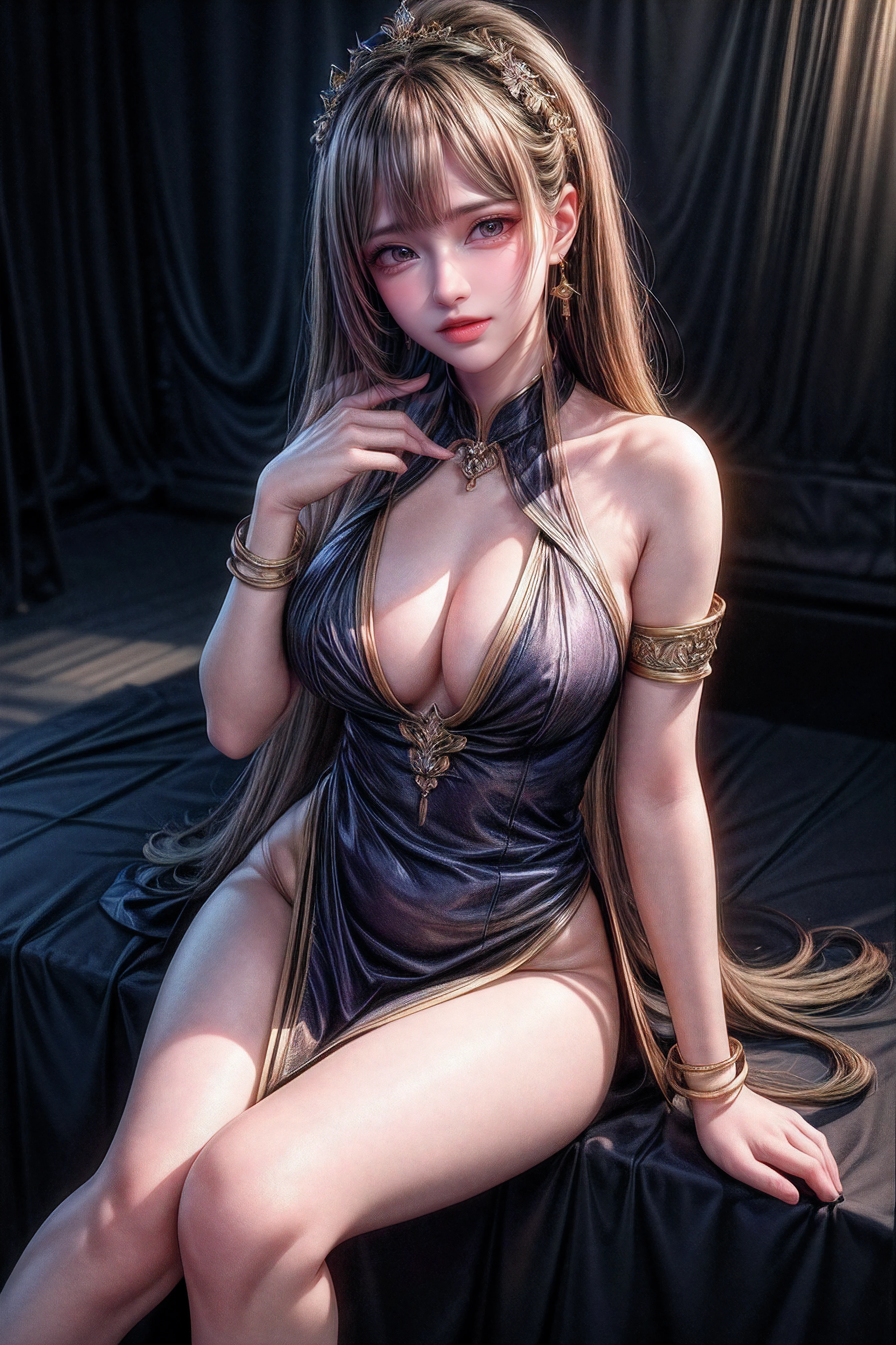 (8k, RAW photo, best quality, masterpiece:1.2),(realistic, photo-realistic:1.37),photo mapping,professional lighting,radiosity,1girl,solo,long_hair,(bracelet:1.1),(long legs:1.2),(earrings:1.1),physically-based rendering,proscenium,performance,be seated,Chinese dress,dark blue and gold dress,shinny dress,Correct hands,hands on legs,Close-up of the hand
