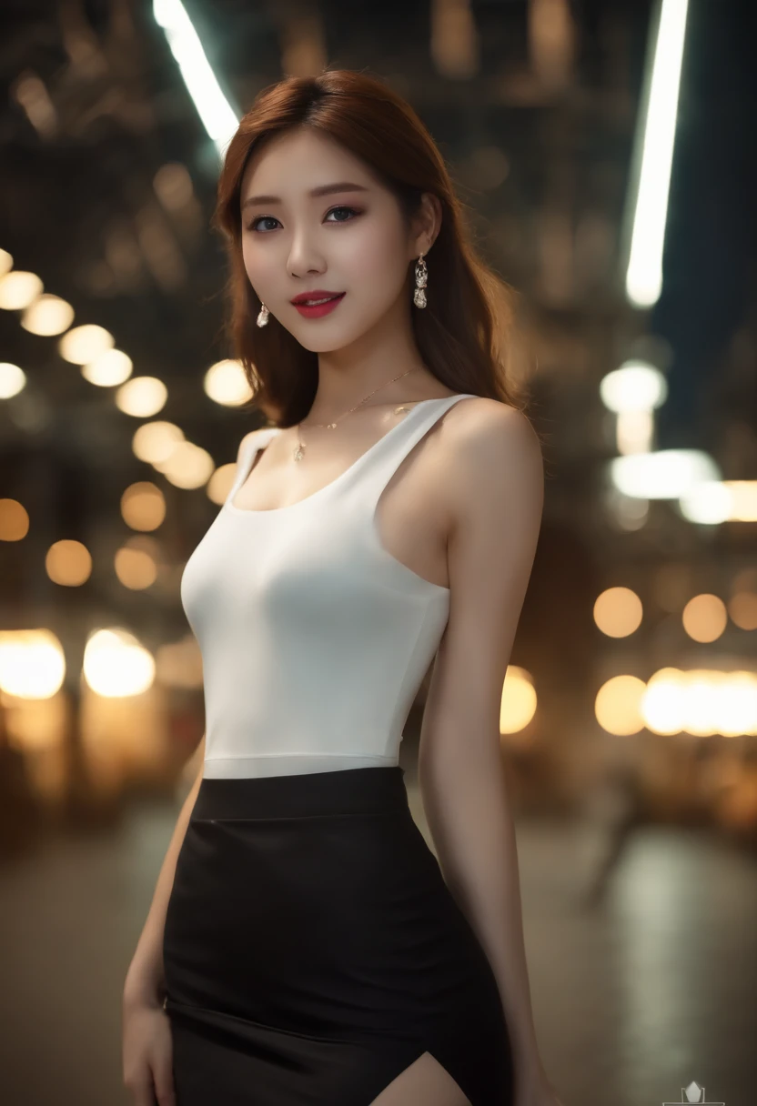 8K, masutepiece, Raw photo, Best Quality, Photorealistic, Highly detailed CG Unity 8K wallpaper, depth of fields, Cinematic Light, Lens Flare, Ray tracing,Erotic,Exposed, (Extremely beautiful face, Beautiful lips, Beautiful eyes), intricate detail face, ((Ultra detailed skin)) 1girl in, In the Dark, deepshadow, Pretty Korean girl, Kpop Idol, 1 girl, (Very slim and slender fit muscular body:1.3), ((Looking at Viewer)),(Big smile:1.3), (Midnight, a dark night, (Neon sign), (Blurred background), Dim light), (No people in the background:1.3), Beautiful earrings, Bracelets, Necklace, pantyhose, Clear eyes, Open crotch , Front shot, (pale skin), (Big eyes), Face forward, (Full body shot), (Brown hairs), open navel, (Looking at Viewer:1.3), Very slim, large full breasts, thick thighs, turn back, (fluttering mini dress), ((White Collar Dresses)), (Tight skirt), ((Open your crotch)), Holding breasts,Ultra mini skirt, exposed ass, upper Shot --auto