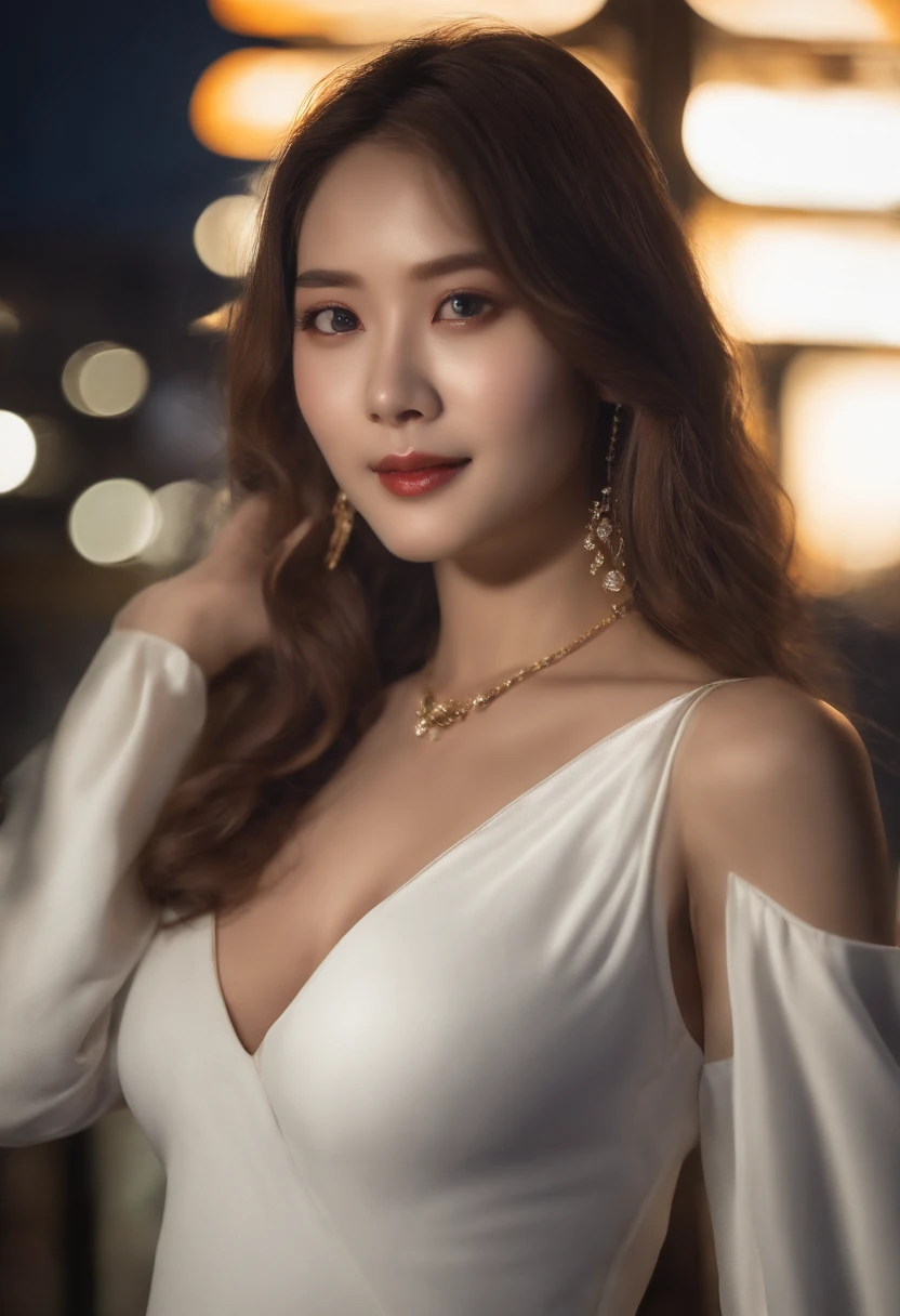 8K, masutepiece, Raw photo, Best Quality, Photorealistic, Highly detailed CG Unity 8K wallpaper, depth of fields, Cinematic Light, Lens Flare, Ray tracing,Erotic,Exposed, (Extremely beautiful face, Beautiful lips, Beautiful eyes), intricate detail face, ((Ultra detailed skin)) 1girl in, In the Dark, deepshadow, Pretty Korean girl, Kpop Idol, 1 girl, (Very slim and slender fit muscular body:1.3), ((Looking at Viewer)),(Big smile:1.3), (Midnight, a dark ht, (Neon sign), (Blurred background), Dim light), (No people in the background:1.3), Beautiful earrings, Bracelets, Necklace, pantyhose, Clear eyes, Open crotch , Front shot, (pale skin), (Big eyes), Face forward, (Full body shot), (Brown hairs), open navel, (Looking at Viewer:1.3), Very slim, large full brehick thighs, turn back, (fluttering mini dress), ((White Collar Dresses)), (Tight skirt), ((Open your crotch)), Holding breasts,Uli skirt, exposed ass, upper Shot --auto