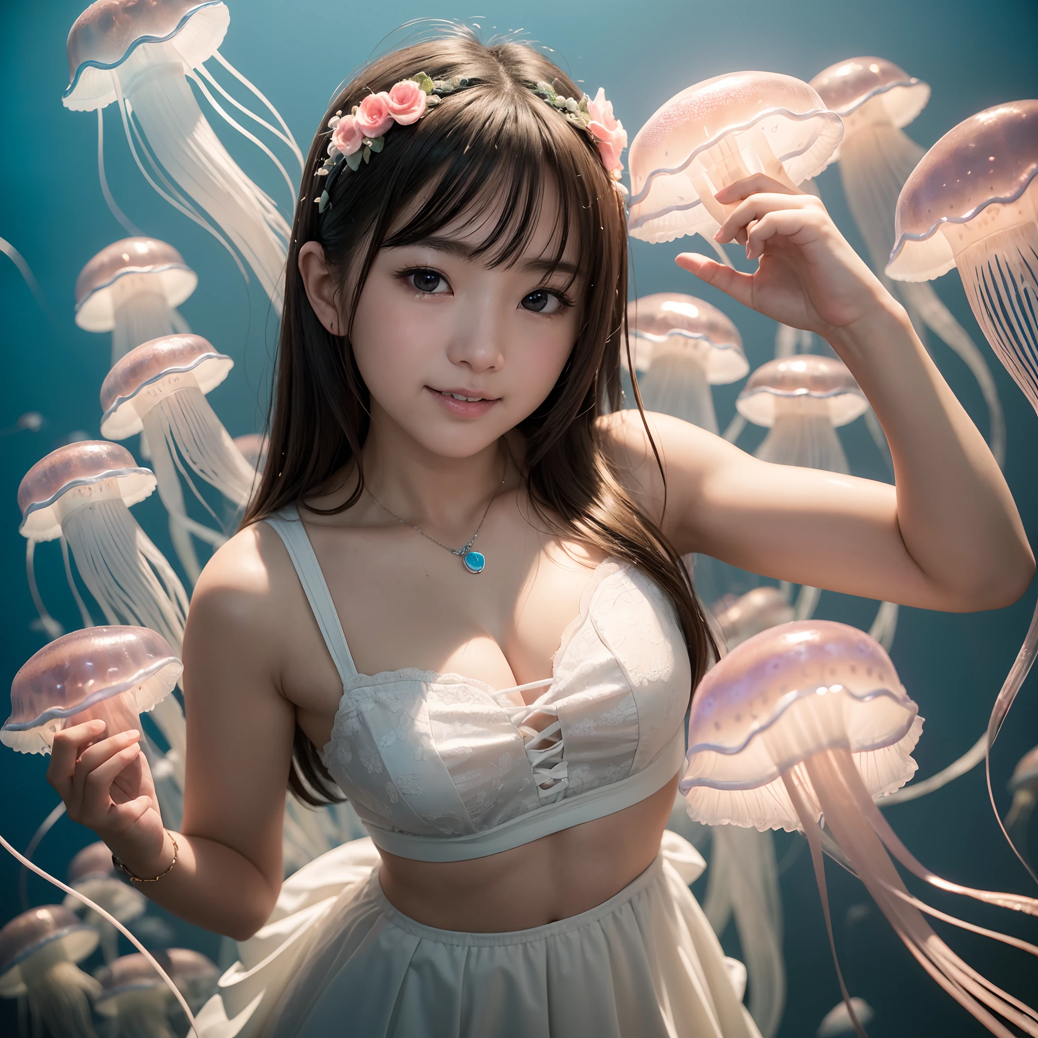 (in 8K、RAW Photos、top-quality、​masterpiece:1.5)、(realisitic、Photorealsitic:1.5)、ultra-detailliert、超A high resolution、lighting like a movie、(((Idols who love jellyfish)))、(((Japan 16 year old girls)))、(((Wearing a cute costume with a jellyfish motif)))、(A lot of jellyfish:1.5)、cute smile face、Happy and energetic atmosphere、dynamic ungle、动态照明