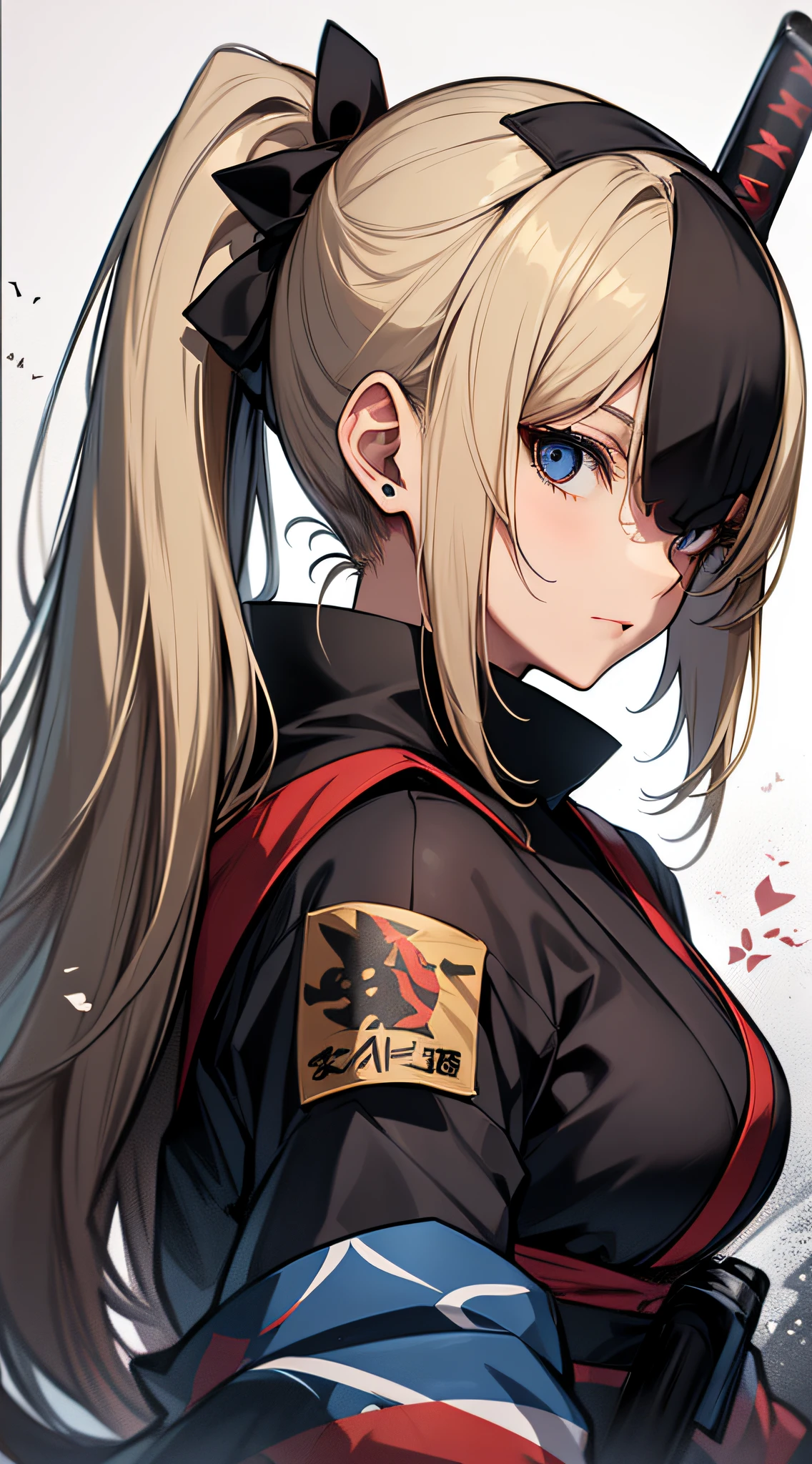 top-quality、Top image quality、masterpiece、Mecha Girl((18year old、Black Ninja Uniform,Best Bust、Bust 100、a blond、poneyTail、Breasts wide open,You can see a large valley、Black eye、Strong eye power、Go to Viewer、Black Hachimaki、holding a katana))hiquality、visualart、Background with((World of Japan、Black sky))、