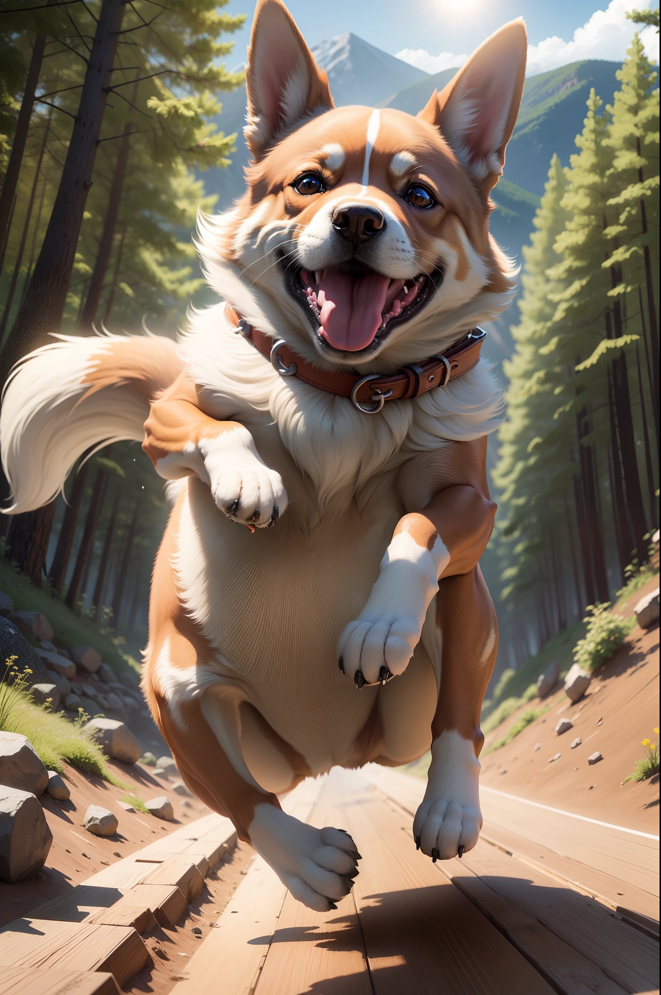 Close up portrait of dog running in forest with sun shining, happy dog, ( Dog ) jumps from mountain, ( Dog ) jumps over hill, Cute dog, high-quality wallpaper, jumping towards viewer, dog jumps over hill, leaping towards viewer, imagem hiperrealista, high-quality wallpaper, Very detailed photos of Happy, Jump for joy, Mameshiba realistic representation 8K, (Like the real thing) A hyper-realistic 超A high resolution super precision
