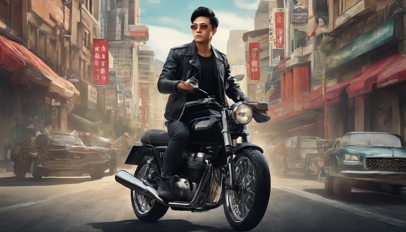 Asian man, riding caferacer motorcycle, black jacket, hyper realistic, cityscape background,