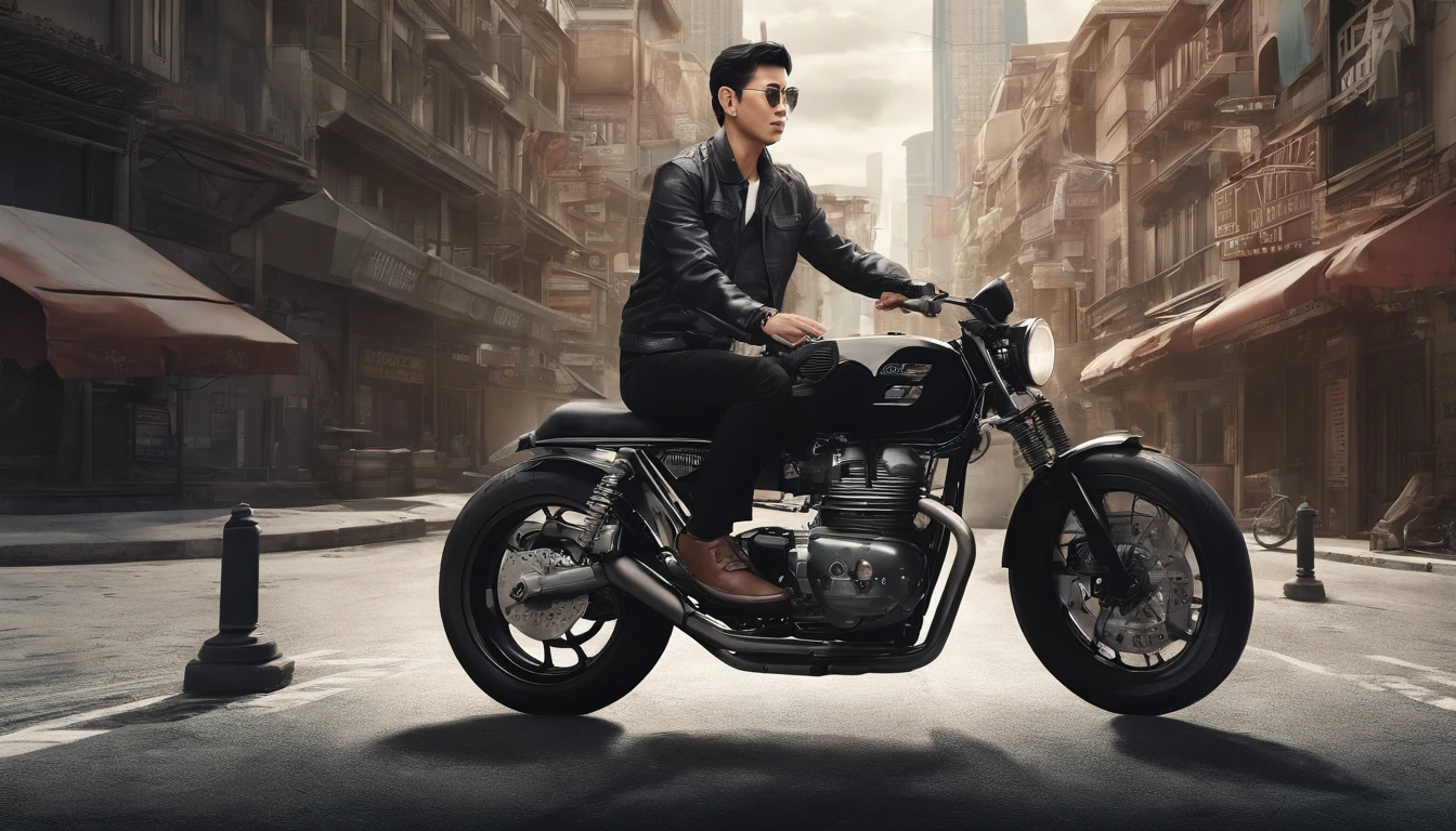 Asian man, riding caferacer motorcycle, black jacket, hyper realistic, cityscape background,