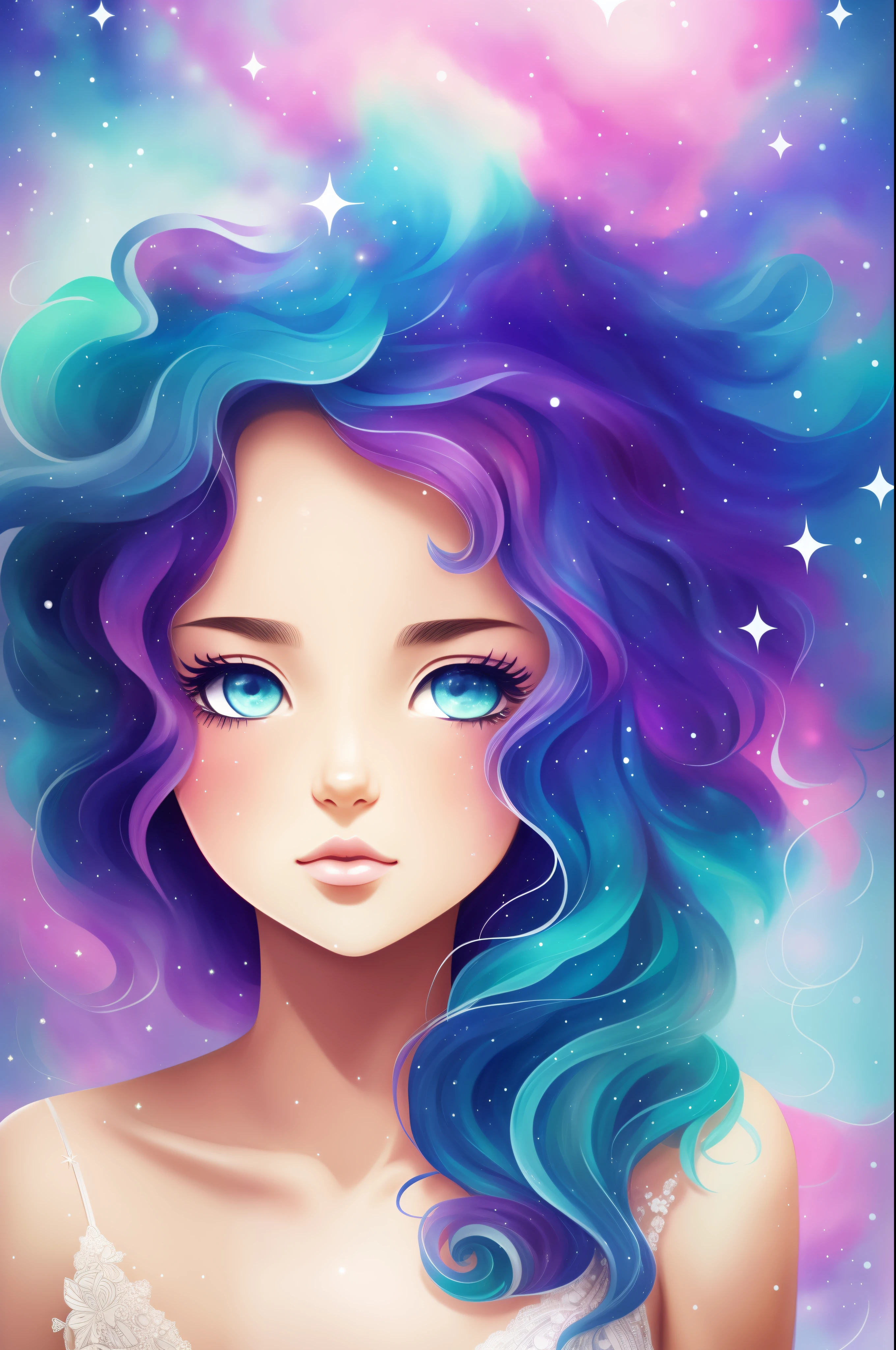 {{Best Quality}}, {{masutepiece}}, {{Ultra-detailed}}, {Illustration}, {Detailed light}, {extremely delicate and beautiful}, girl with, Cute face, Upper body, Two legs, long-one-piece dress, {Beautiful detailed eyes}, Stars in the eyes, messy floating hair, Colored inner hair, Starry sky adorns hair, {Lots_in the_Big_Colorful_Bubble}, [pearls], [Galaxy], depth of fields