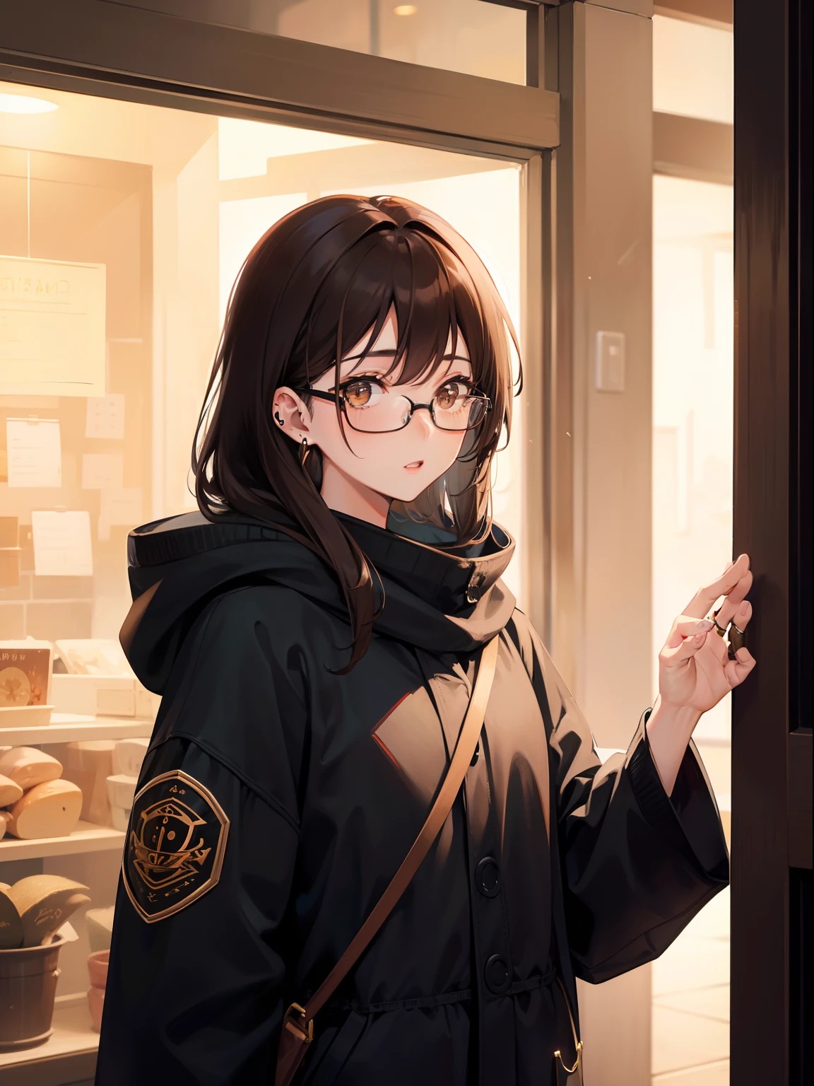 1人の女性、brown haired(Curta)、Brown eyes、Black-rimmed glasses、Ring piercing of the earlobe、Winter scene