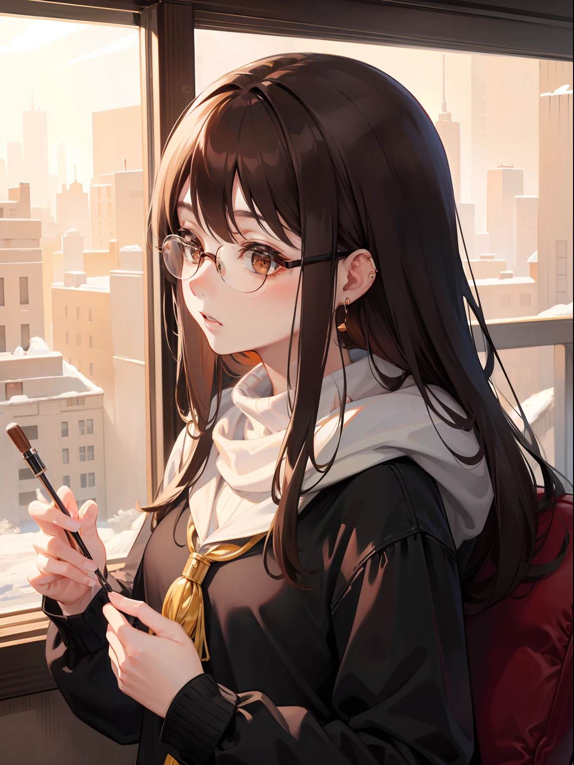 1人の女性、brown haired(Curta)、Brown eyes、Black-rimmed glasses、Ring piercing of the earlobe、Winter scene
