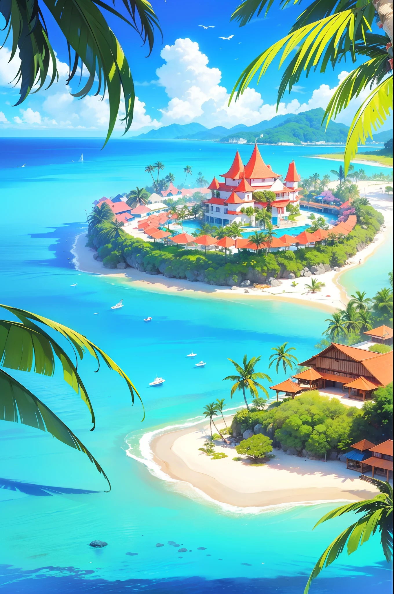 (Highly very detailed tropical island with colorful flowers and coconuts), (extremely very beautiful and full of flora and fauna), clear sea , Sunset, birds flying, white sandy beaches and clear crystal sea water, ((Blue clear sky and vibrant colorful environment.))