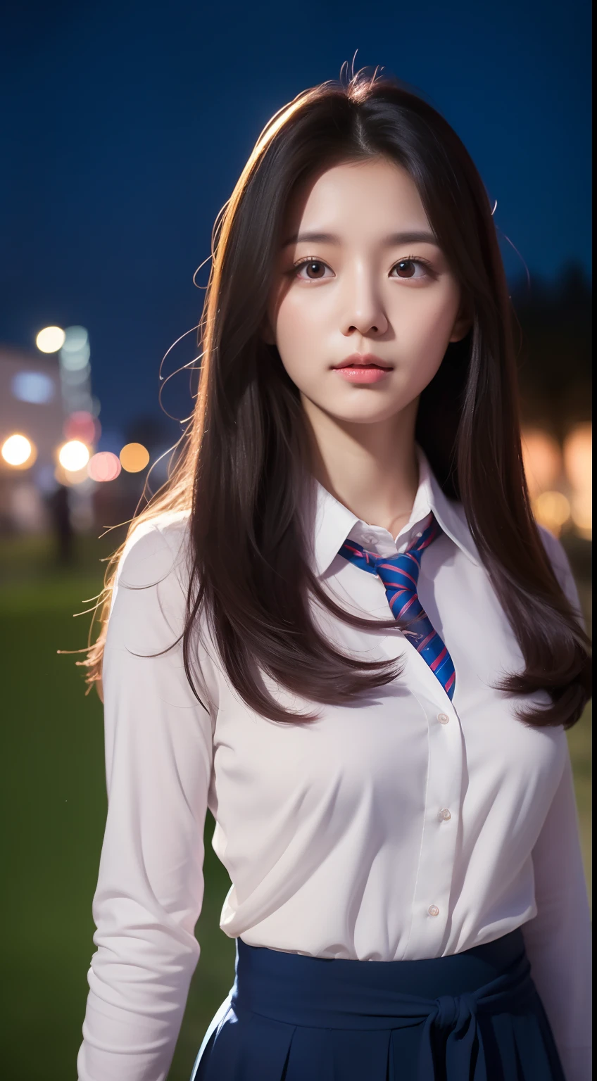 realistic photos of 1 cute Korean star, straight hair, hair flying, white skin, thin makeup, 32 inch breasts size, wearing waist tie shirt, university building is backdrop, night, upper body portrait, Ghibli-like colours, UHD