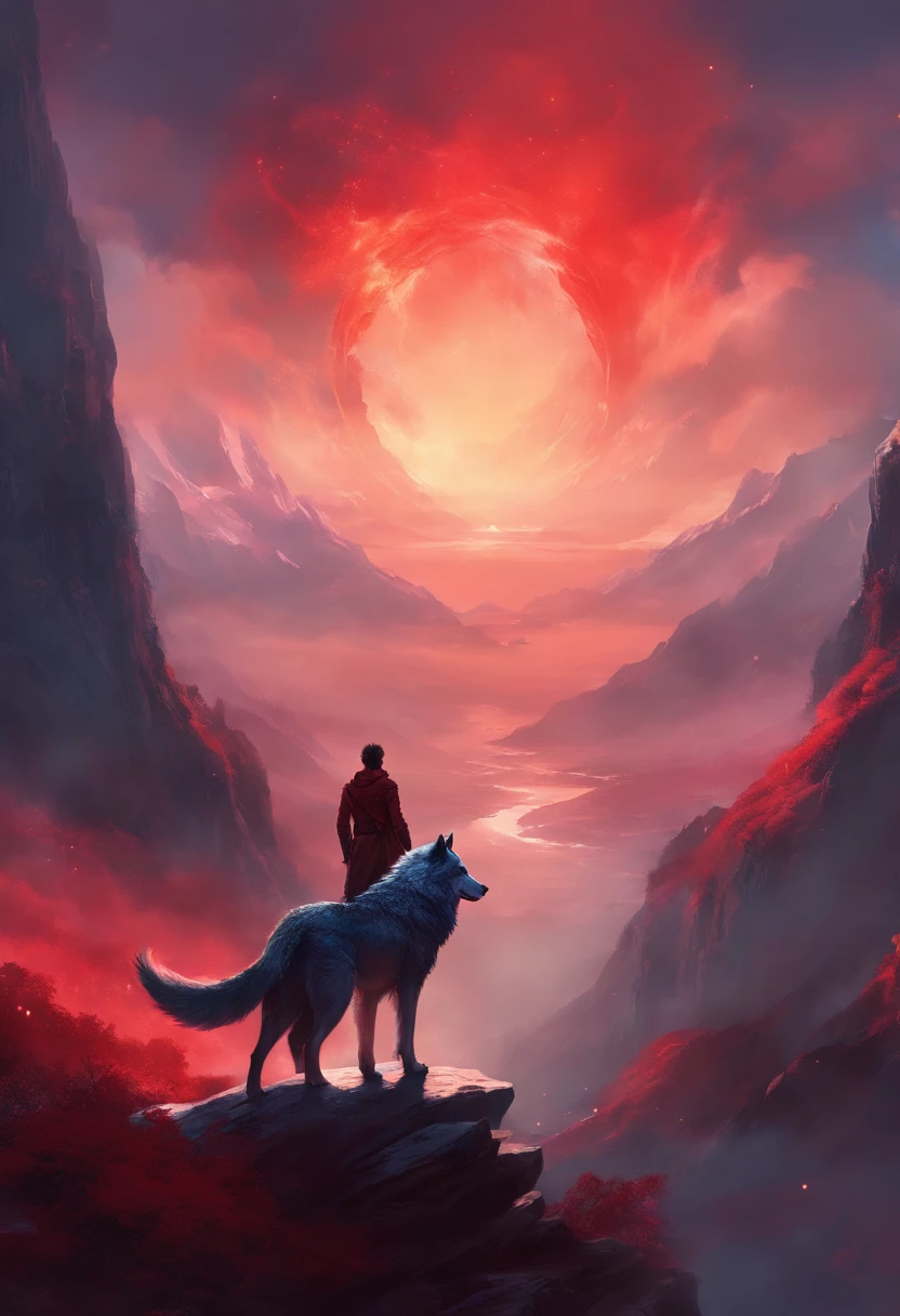 a man is on top of a mountain looking at a large monster wolf with red mists in his feathers