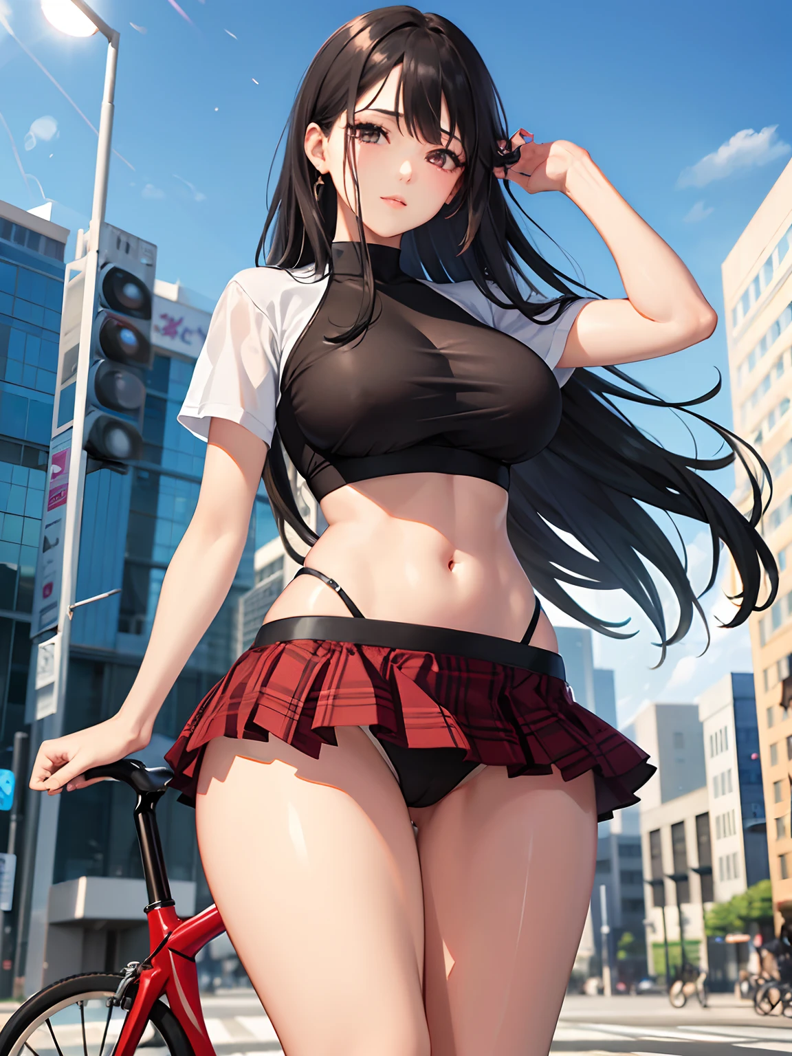 masterpiece、top-quality、hight resolution、High-quality images、8K、1womanl、detaileds、Detailed eye depiction、the detail、skin gloss、Lustrous black hair、Long hair、Lisa、portlate、large full breasts、large hips、waist constriction、student clothes、Plaid miniskirt、White underwear、Bike commuting