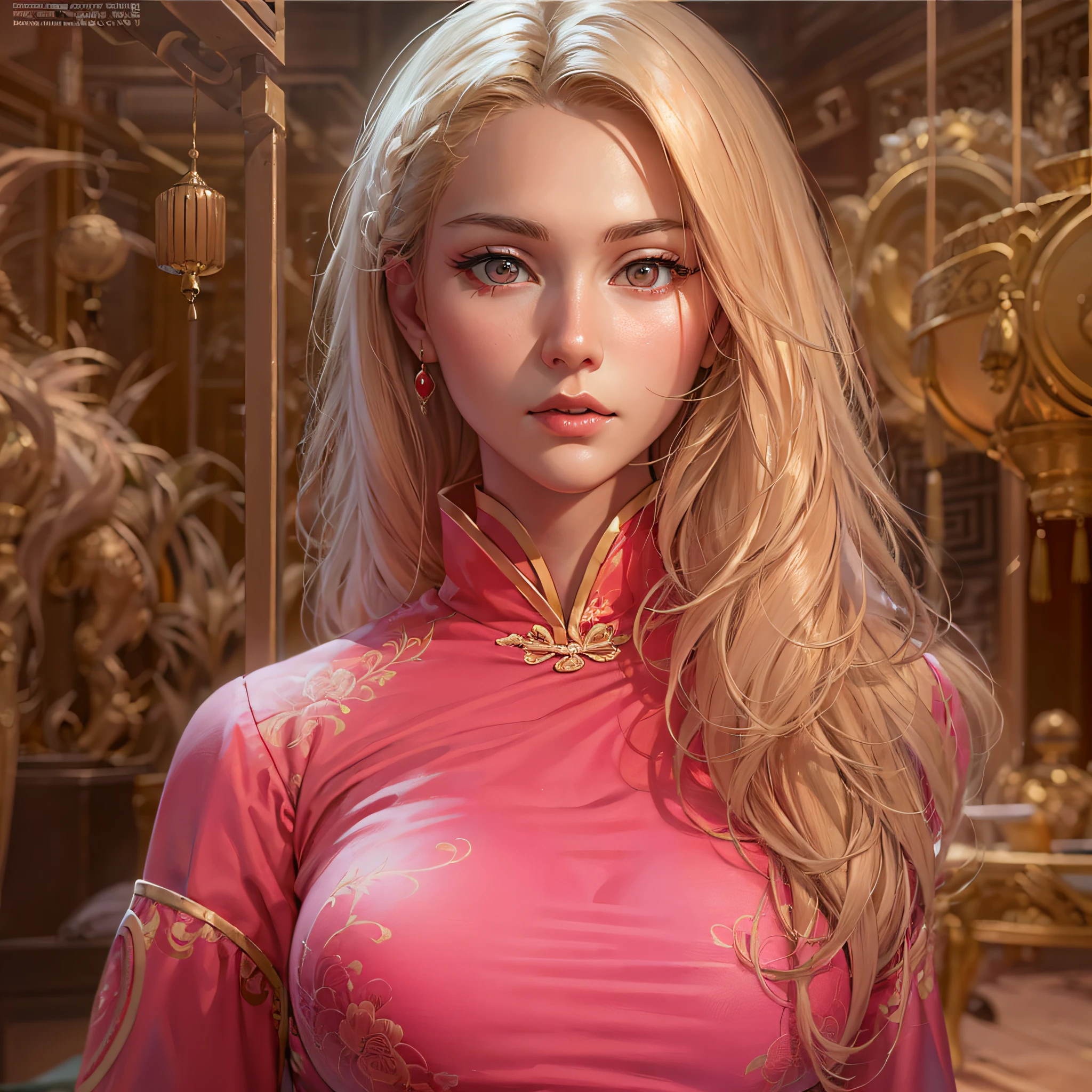 Russian blonde beauty,20yr old,Center the screen,Full Body Pose,Standing dignified at a Chinese rotary table,Red rotary table,Shine a spotlight from the ceiling,Darkness around,huge tit,((Tight pink china clothes)),Masterpiece,high-detail,perfect-composition,face perfect,perfect bodies,the golden ratio,8K