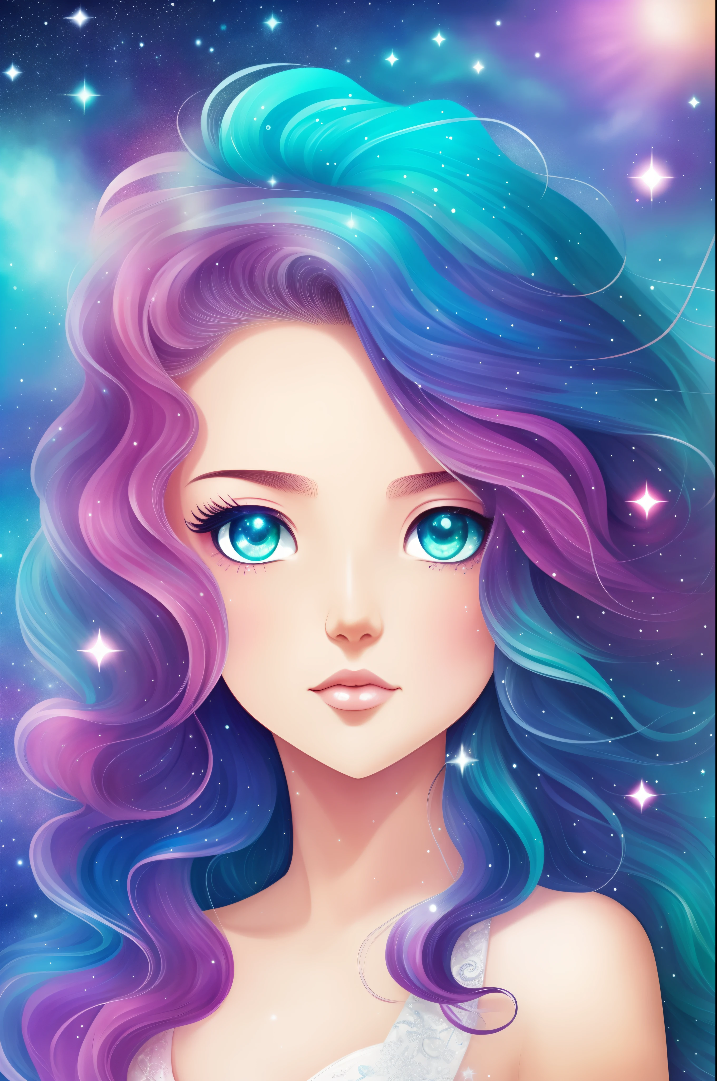 {{Best Quality}}, {{masutepiece}}, {{Ultra-detailed}}, {Illustration}, {Detailed light}, {extremely delicate and beautiful}, girl with, Cute face, Upper body, Two legs, long-one-piece dress, {Beautiful detailed eyes}, Stars in the eyes, messy floating hair, Colored inner hair, Starry sky adorns hair, {Lots_in the_Big_Colorful_Bubble}, [pearls], [Galaxy], depth of fields