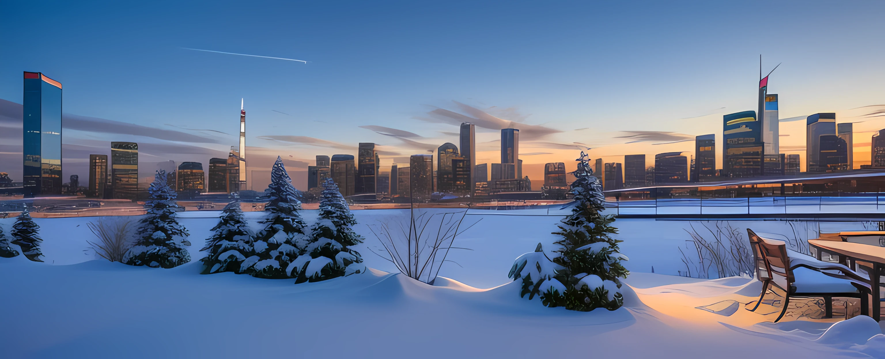 Scenery, Skyscrapers , Garden , floating Snow , Winter , Wind , Cloud , Blue sky , evening , shooting stars in the sky , Sun , Breeze