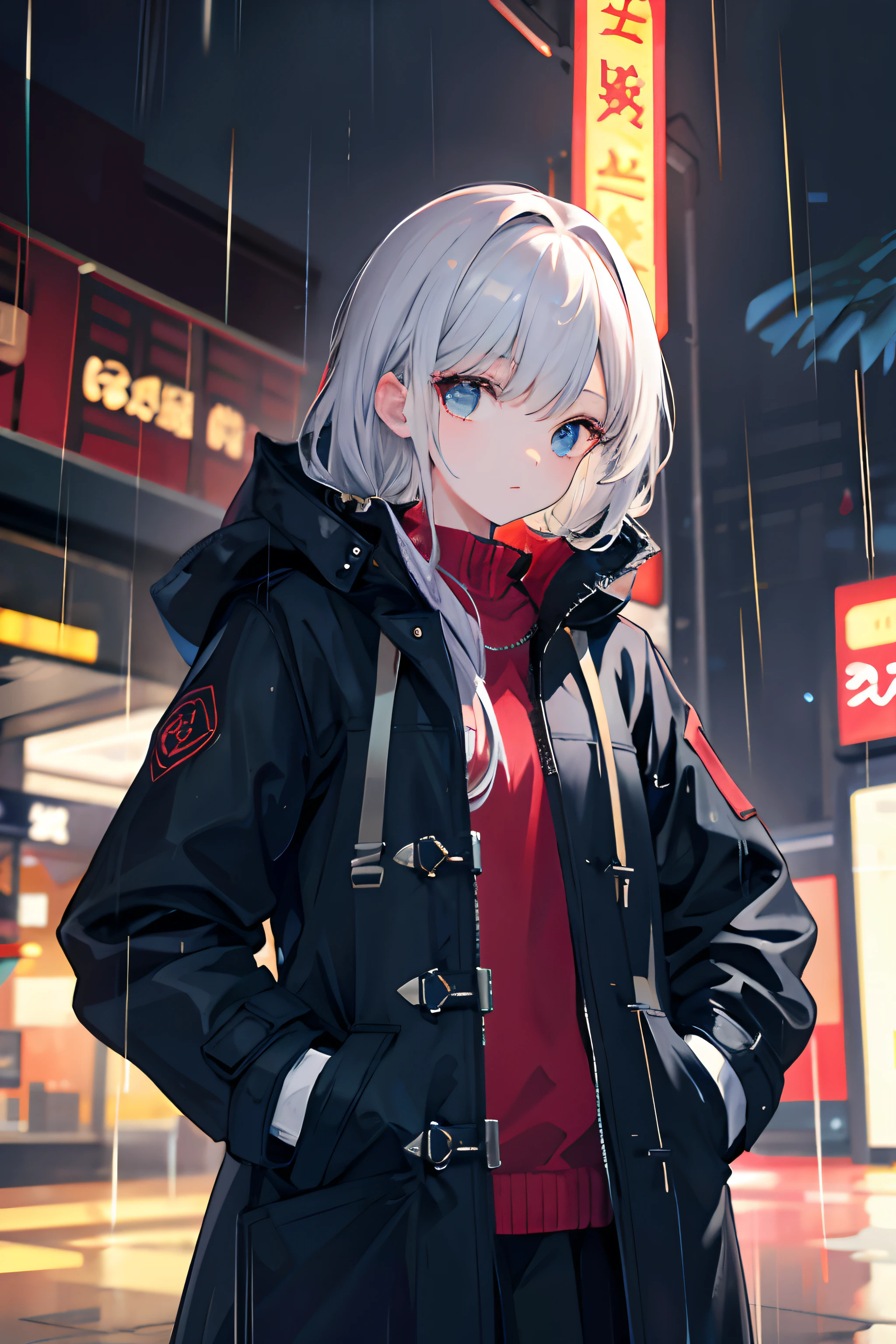 1girl, Night City, rain, coat, hands in pockets