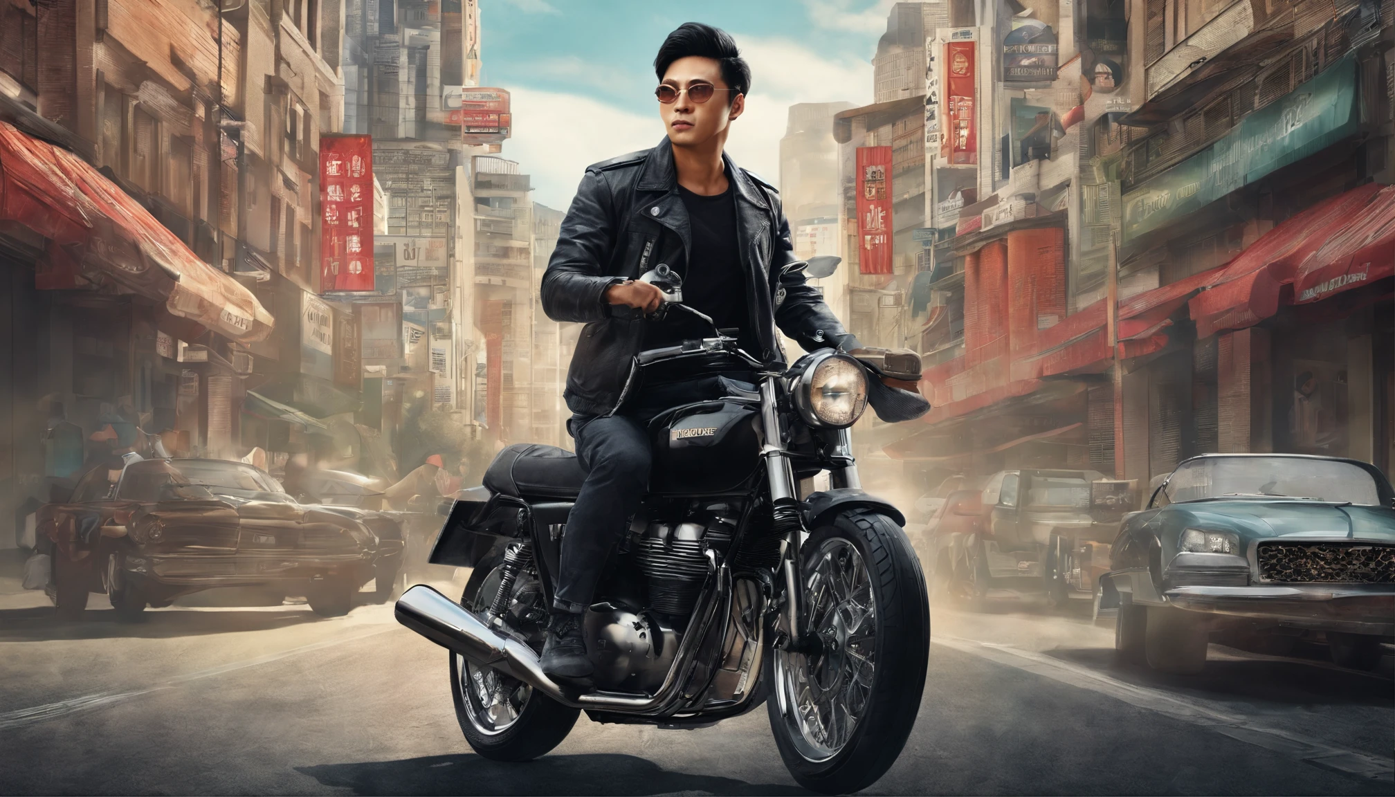 Asian man, riding caferacer motorcycle, black jacket, hyper realistic, cityscape background,