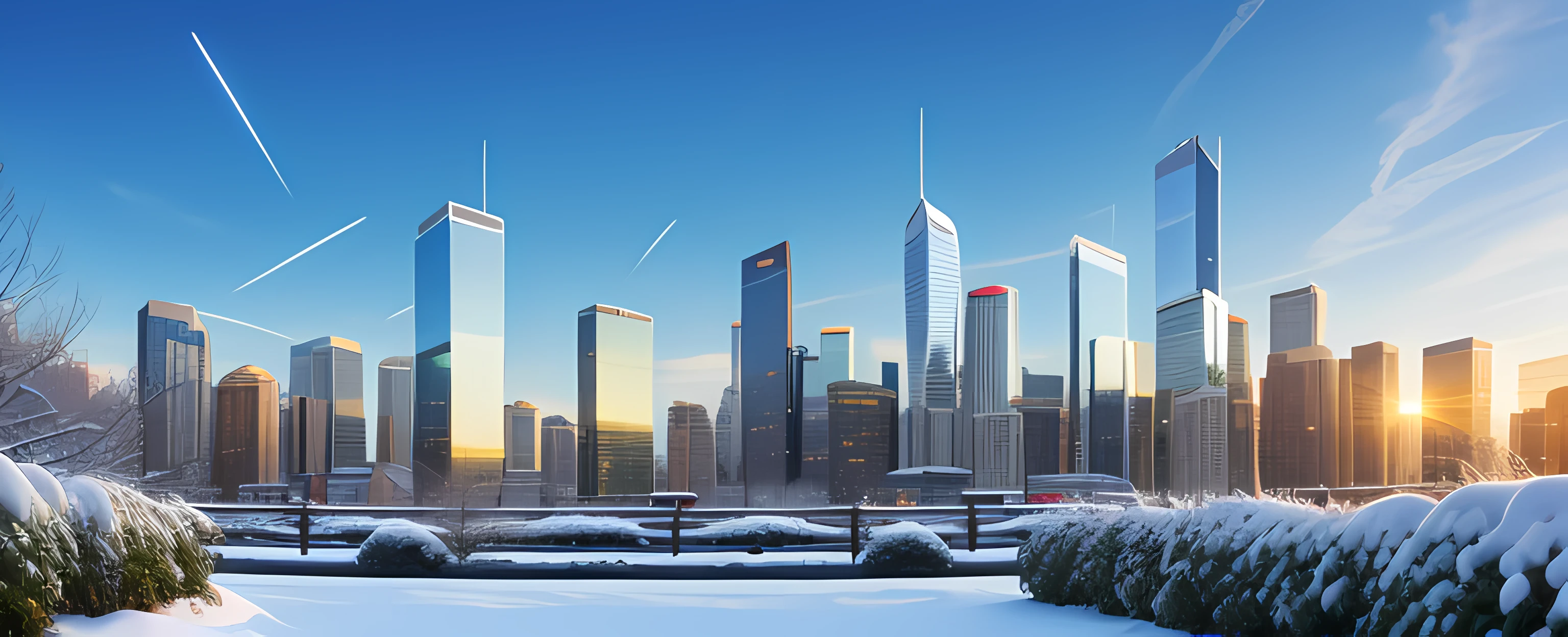 Scenery, Skyscrapers , Garden , floating Snow , Winter , Wind , Cloud , Blue sky , evening , shooting stars in the sky , Sun , Breeze