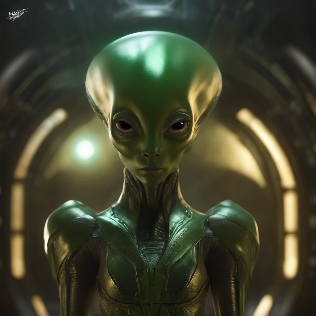 (best quality,highres,masterpiece:1.2),ultra-detailed,realistic:1.37,alien,portrait,fat-headed alien,small body, scary huge hands,extraterrestrial being,large eyes,pointed ears,dark yellow skin,smooth skin texture,shiny and reflective head,glowing eyes,wrinkle-free face,slim and elongated neck,rounded shoulders,futuristic clothing,metallic armor,hovering in mid-air,otherworldly background,ethereal lighting,green color scheme,sci-fi