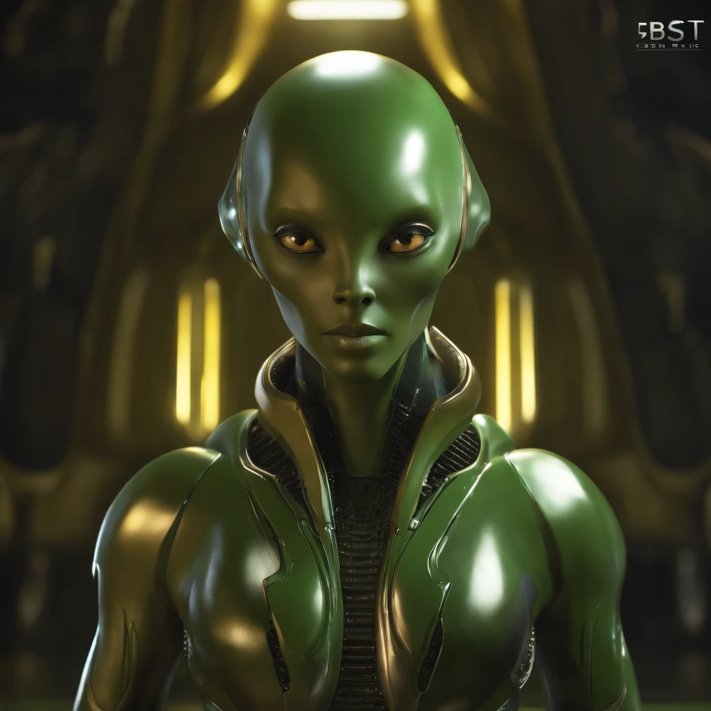 (best quality,highres,masterpiece:1.2),ultra-detailed,realistic:1.37,alien,portrait,fat-headed alien,small body, scary huge hands,extraterrestrial being,large eyes,pointed ears,dark yellow skin,smooth skin texture,shiny and reflective head,glowing eyes,wrinkle-free face,slim and elongated neck,rounded shoulders,futuristic clothing,metallic armor,hovering in mid-air,otherworldly background,ethereal lighting,green color scheme,sci-fi