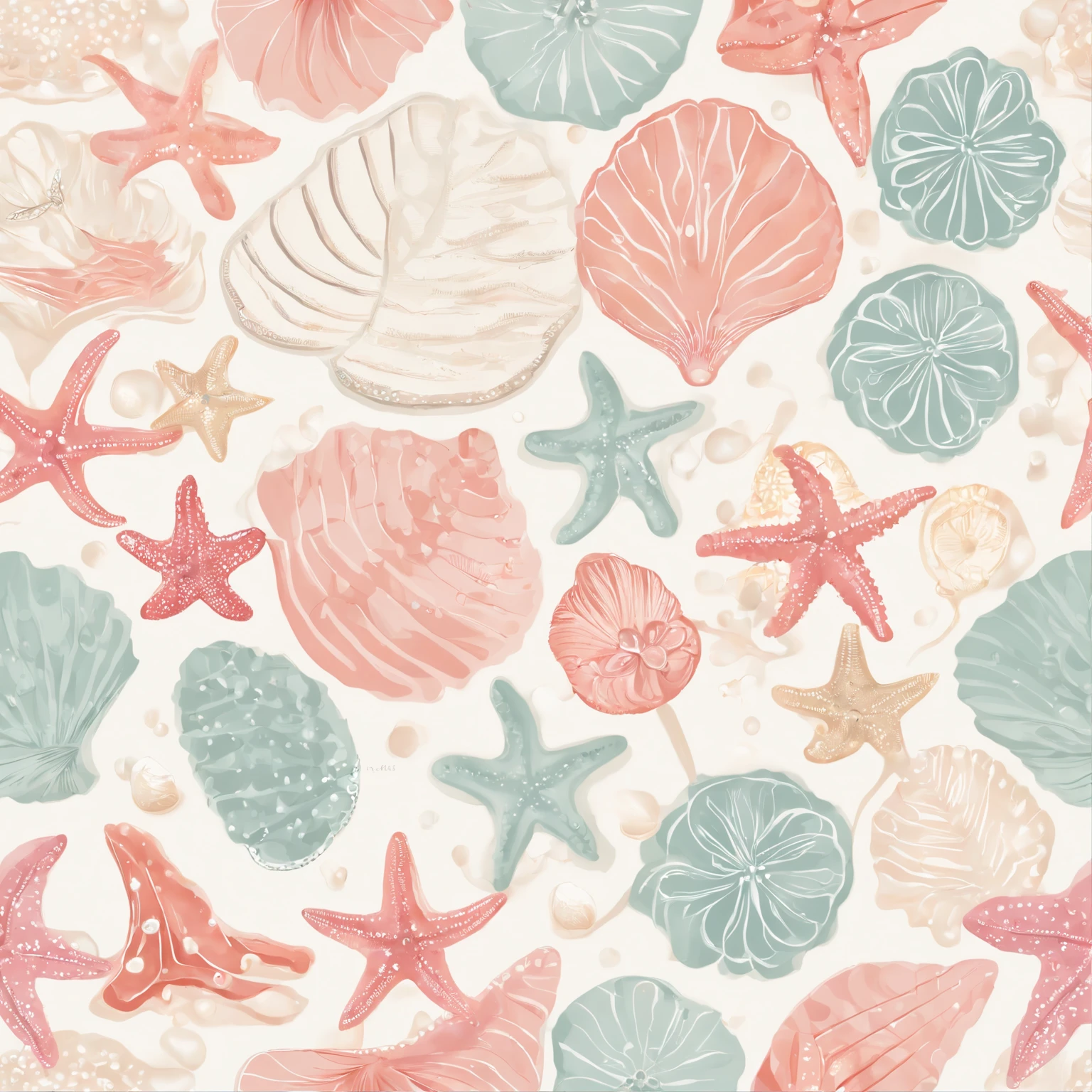 We have Whimsical seashells with best quality image of detailed starfish, sand dollars, seashells, conch shell, pink and white coral, pink pearls, sparkling diamonds, swirls with bright trailing sparkling diamonds of the sea, on a sandy beach, perfect composition, beautiful detailed, intricate design, insanely detailed, The patterns seamlessly repeat, creating a mesmerizing visual rhythm that emanates a sense of warmth and tranquility.