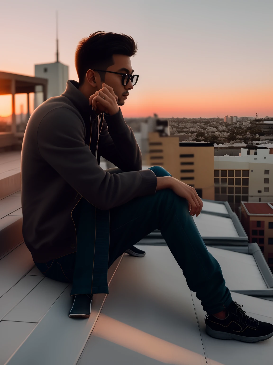 there is a man sitting on the steps of a building, with sunset, chill time. good view, during sunset, with a cool pose, candid picture, very very low quality picture, sits on a rooftop, very artistic pose, taken with sony alpha 9, taken with canon 8 0 d, during a sunset, on rooftop, with lovely look, very cool pose