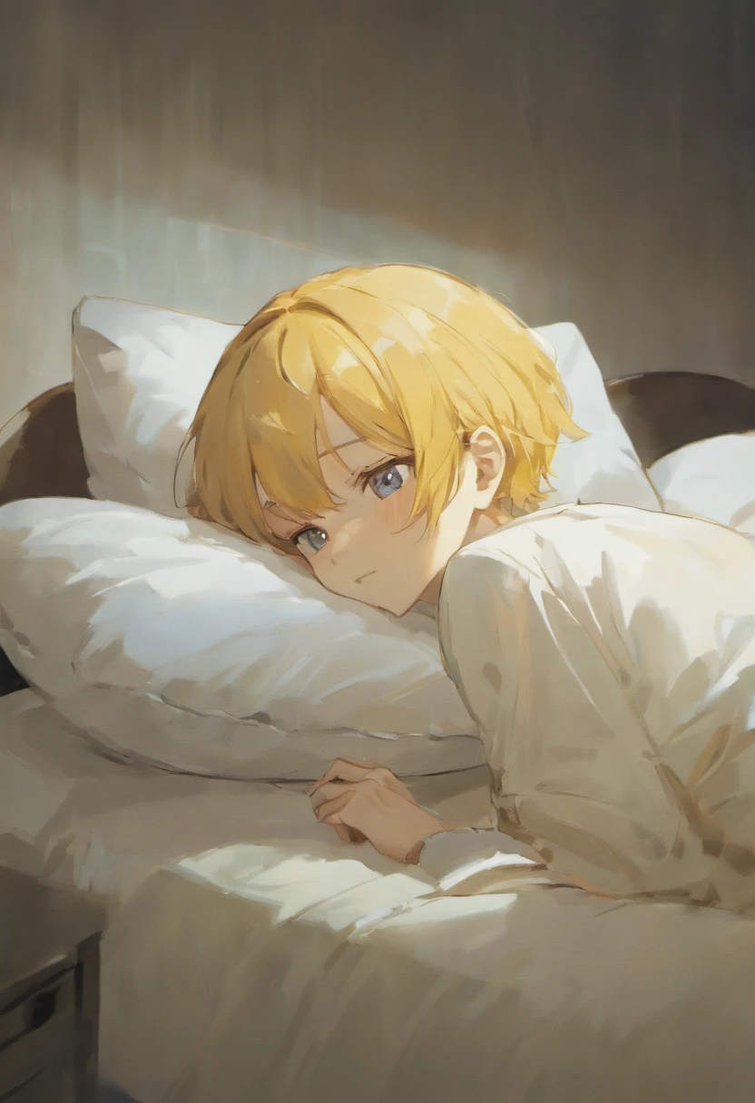 At the head of the bed, A young man lies prone on a pillow looking at his phone，lying face down on the bed, Place your hands under your head，Sleepy expression, relaxing after a hard day, Listen to music at 2 a.m, resting after a hard fight, Lie down in bed，Highly faded hairstyle, White shirt, Handsome, Cool