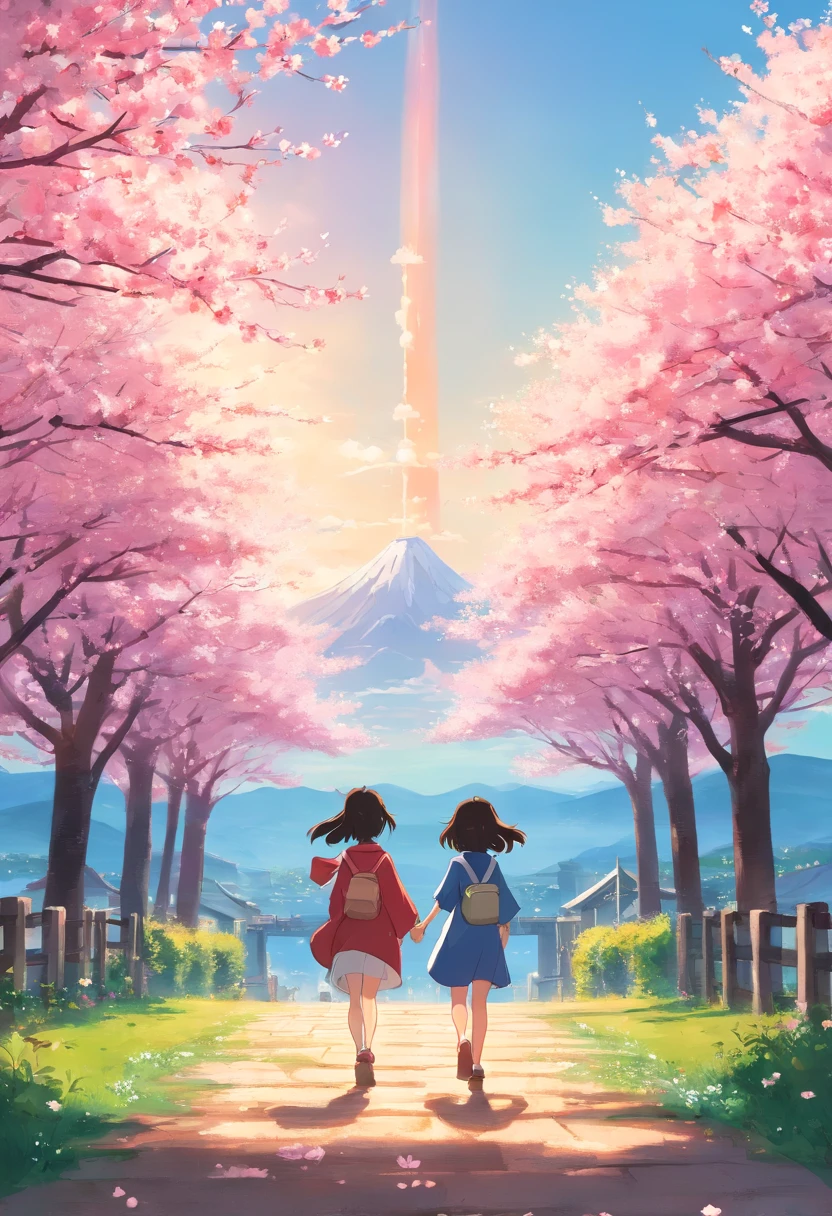"Create movie posters inspired by Hayao Miyazaki's Spirited Away, Meet Chihiro Ogino and Kaonashi in an enchanting cherry blossom field."