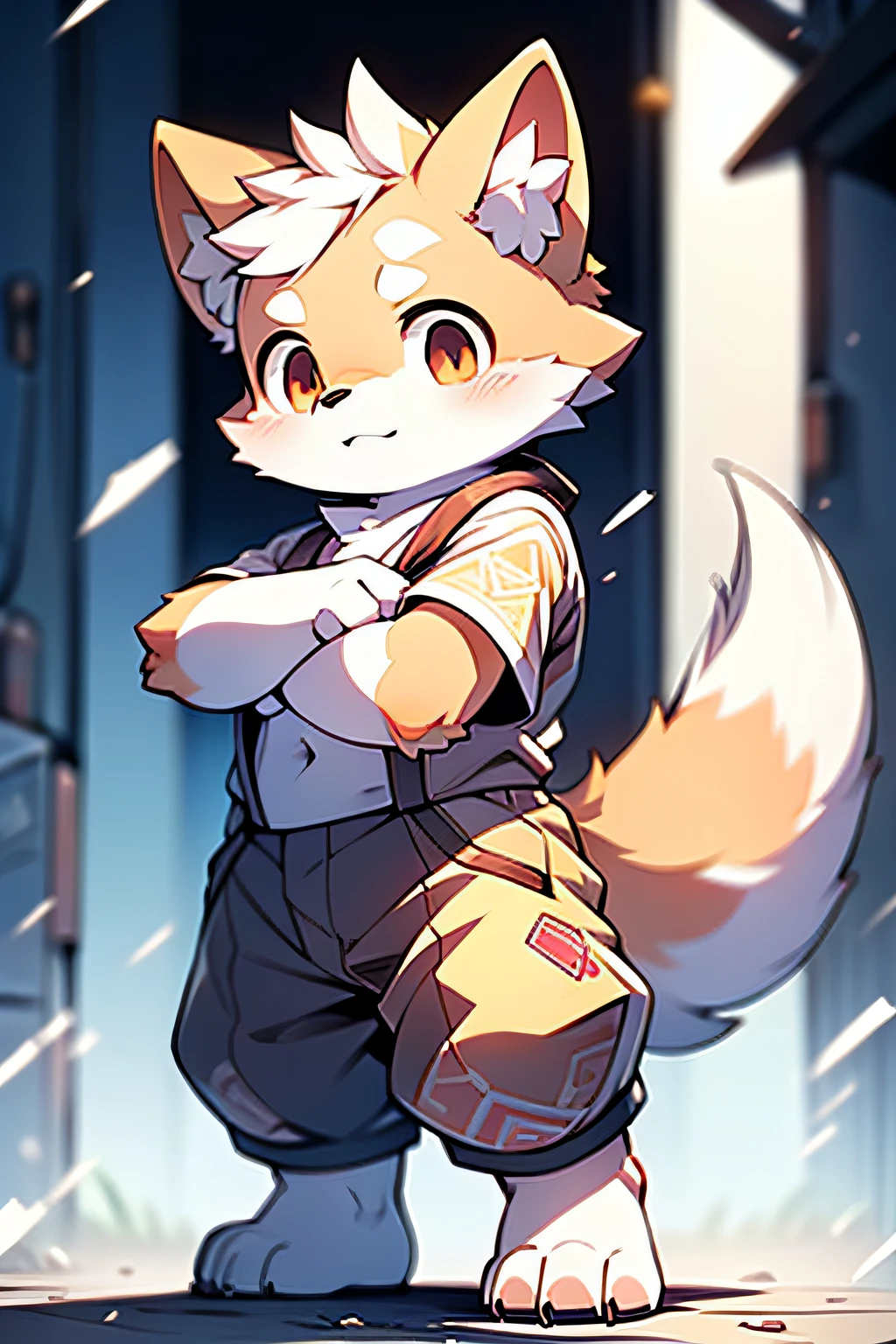 Furry Shiba Inu forelimbs legs standing Shota young boy with overall yellow head, Arms, Body and legs,White-brown pattern all over,pink flesh pads, eyes and pupils blue, Furry, No clothing, Two ears