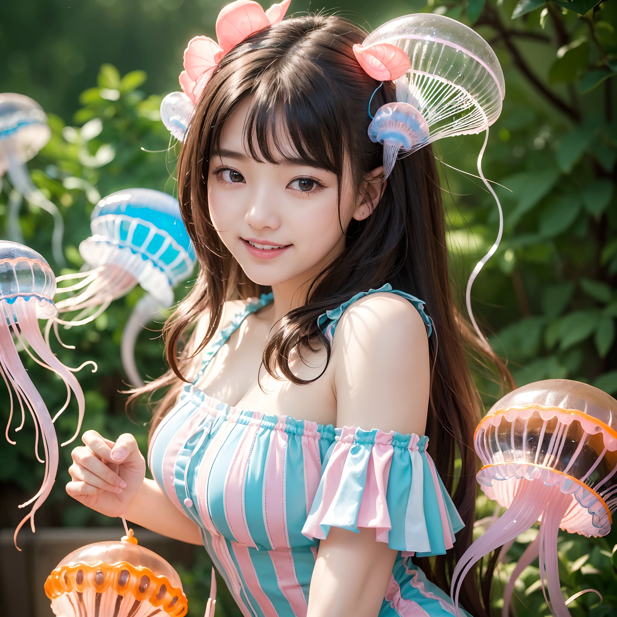 (in 8K、RAW Photos、top-quality、masterpiece:1.5)、(realisitic、Photorealsitic:1.5)、ultra-detailliert、超A high resolution、lighting like a movie、(((Idols who love jellyfish)))、(((Japan 16 year old girls)))、(((Wearing a cute costume with a jellyfish motif)))、(A lot of jellyfish:1.5)、cute smile face、Happy and energetic atmosphere、dynamic ungle、动态照明
