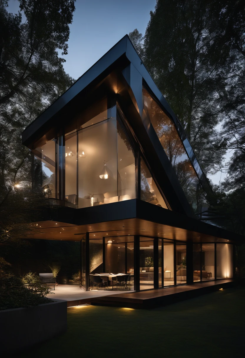 mordenhouse, house, glass house with a sloping roof, modern, dynamic (RAW photo, real, best quality, masterpiece:1.2), (hyper realistic, photo-realistic:1.2), high quality, (dark lighting:1.2), perfect lighting, archdaily
